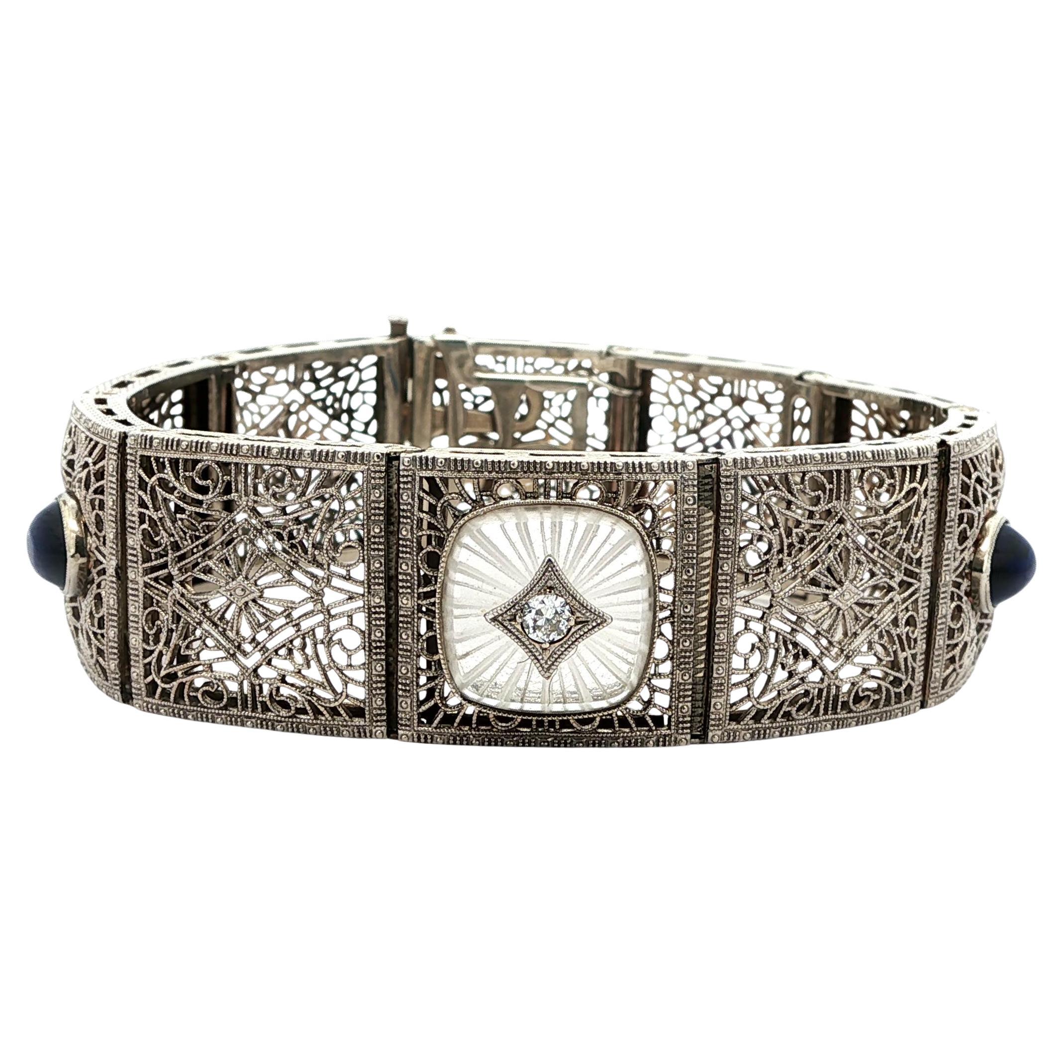 Bracciale antico Art Deco in oro e platino con vetro canforato e diamanti in filigrana in vendita