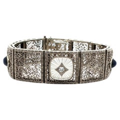 Antique Art Deco Gold Platinum Camphor Glass Diamond Wide Filigree Bracelet