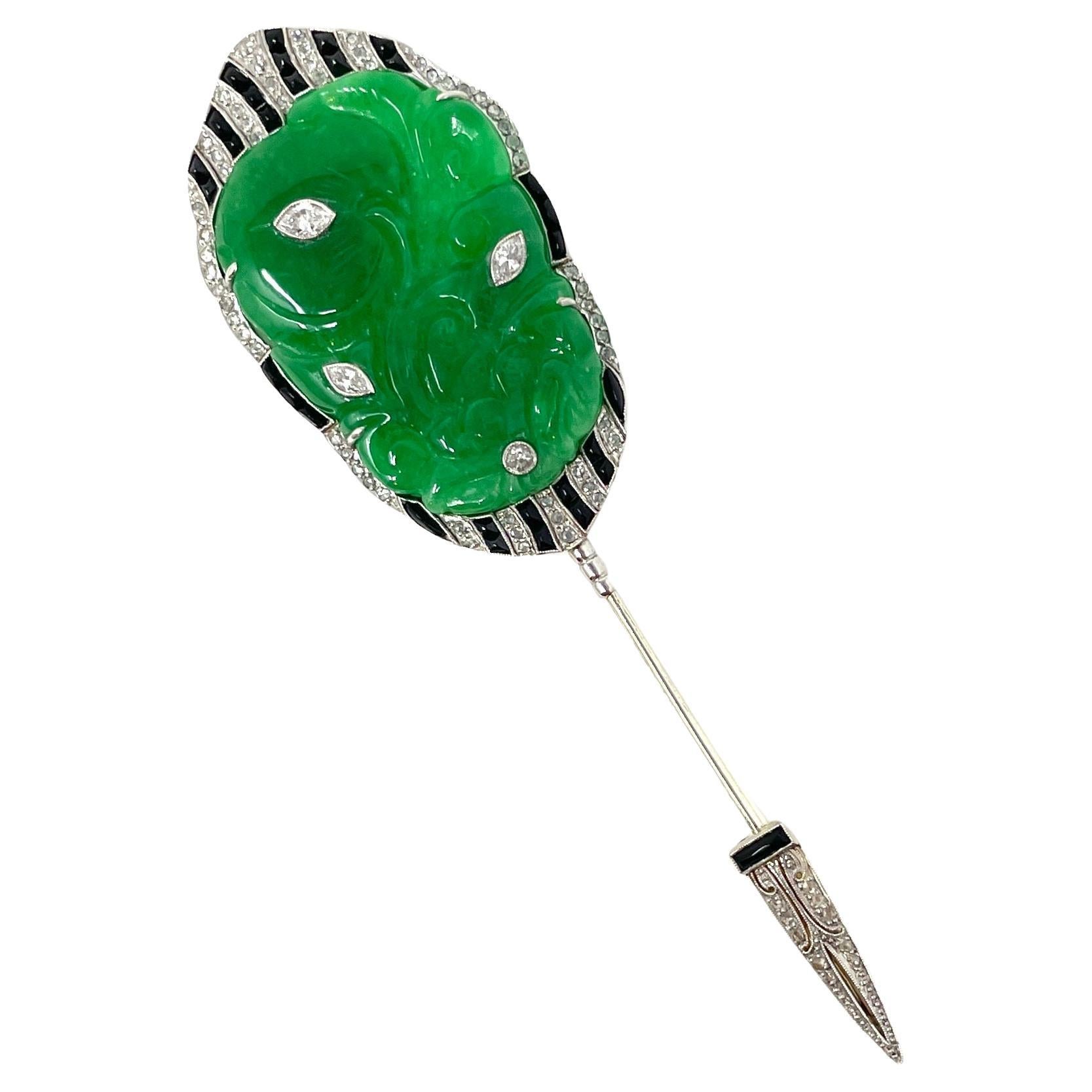 Antique Art Deco Gold, Platinum, Jadeite, Onyx and Diamond "Jabot" Pin