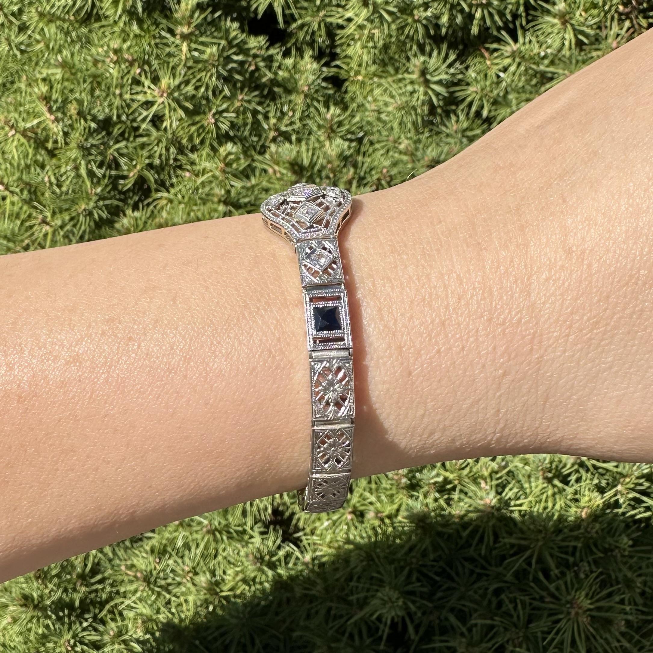 Antike Art Deco Gold & Platin Altschliff Diamant w / Saphir filigrane Armband im Angebot 6