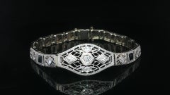 Antique Art Deco Gold & Platinum Old Cut Diamond w/ Sapphire Filigree Bracelet