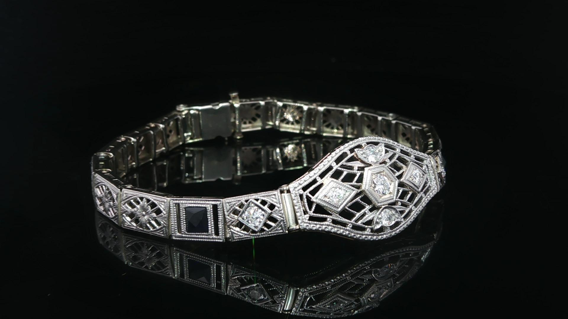 Antike Art Deco Gold & Platin Altschliff Diamant w / Saphir filigrane Armband (Art déco) im Angebot