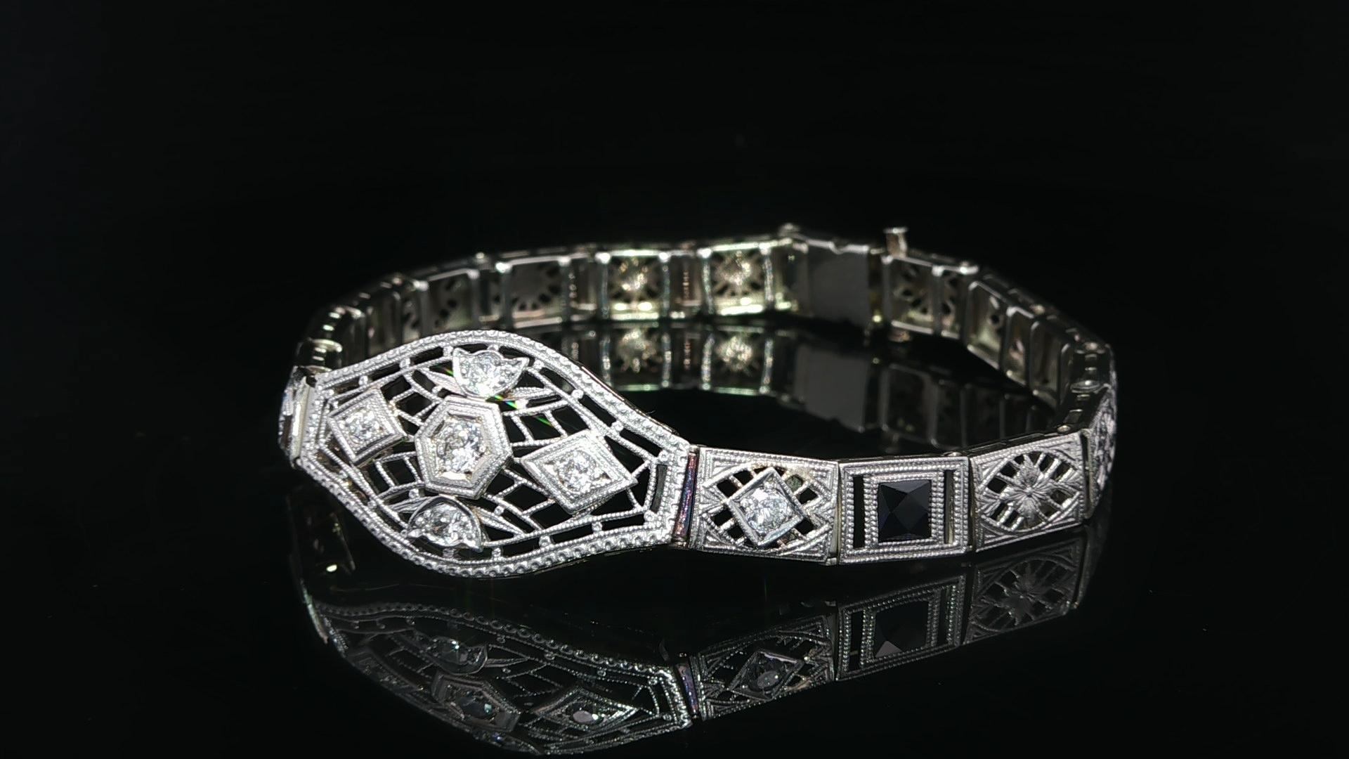 Antike Art Deco Gold & Platin Altschliff Diamant w / Saphir filigrane Armband (Alteuropäischer Schliff) im Angebot