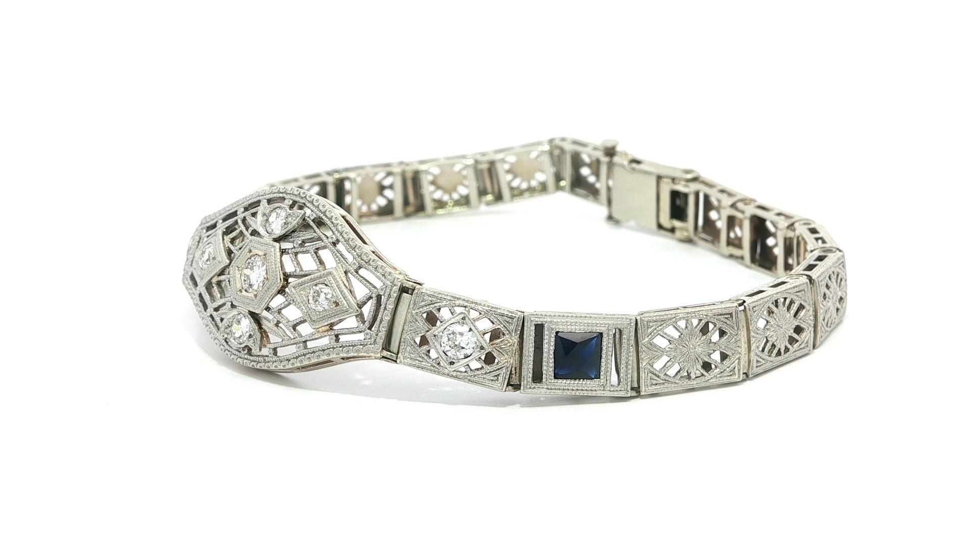Antike Art Deco Gold & Platin Altschliff Diamant w / Saphir filigrane Armband im Angebot 1