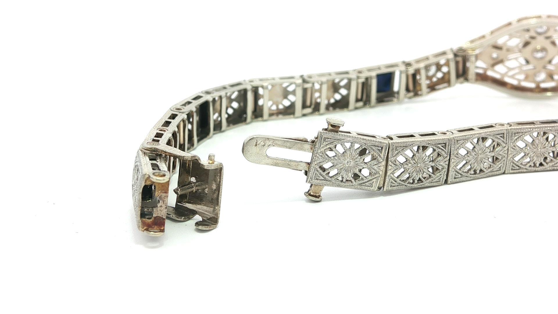 Antike Art Deco Gold & Platin Altschliff Diamant w / Saphir filigrane Armband im Angebot 3