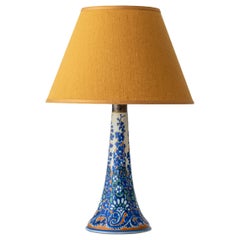 Antique Art Deco Gouda Pottery Table Lamp, c. 1910-35, New Ochre Linen Shade