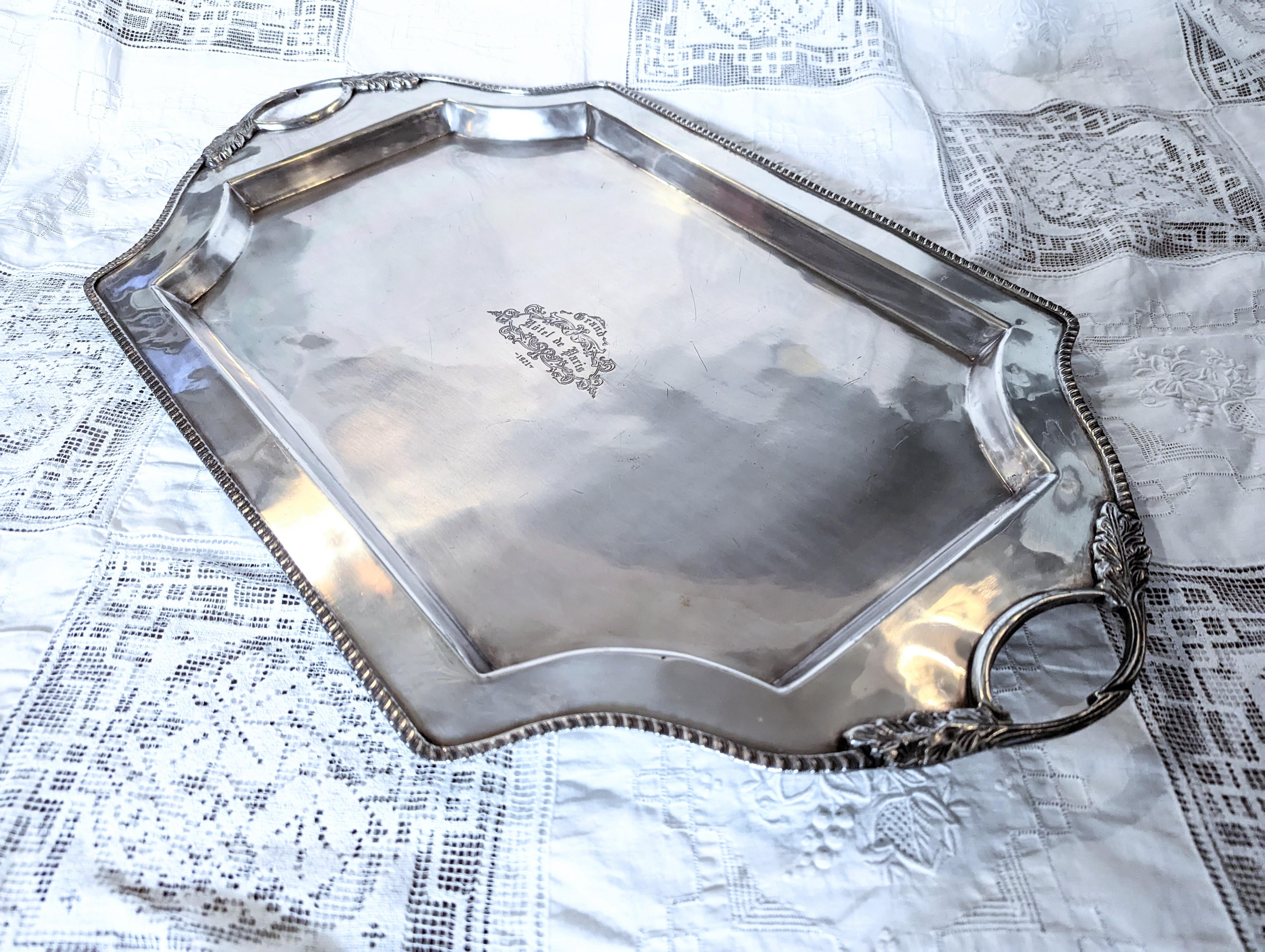 Antique Art Deco Grand Hotel de Paris 1921 Silver Serving Tray Platter European In Fair Condition For Sale In Greer, SC