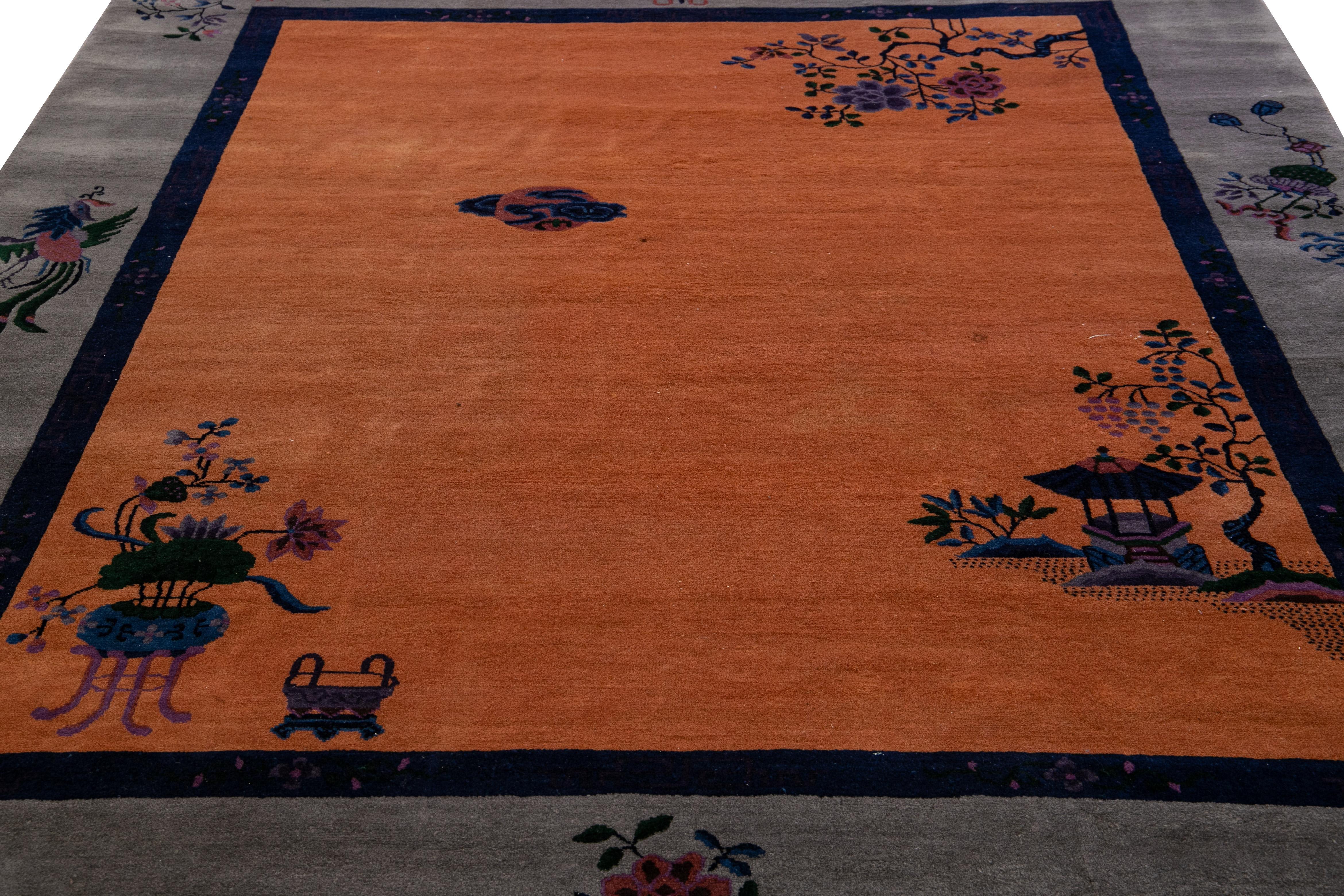 Hand-Knotted Antique Art Deco Gray and Tan Chinese Handmade Wool Rug For Sale