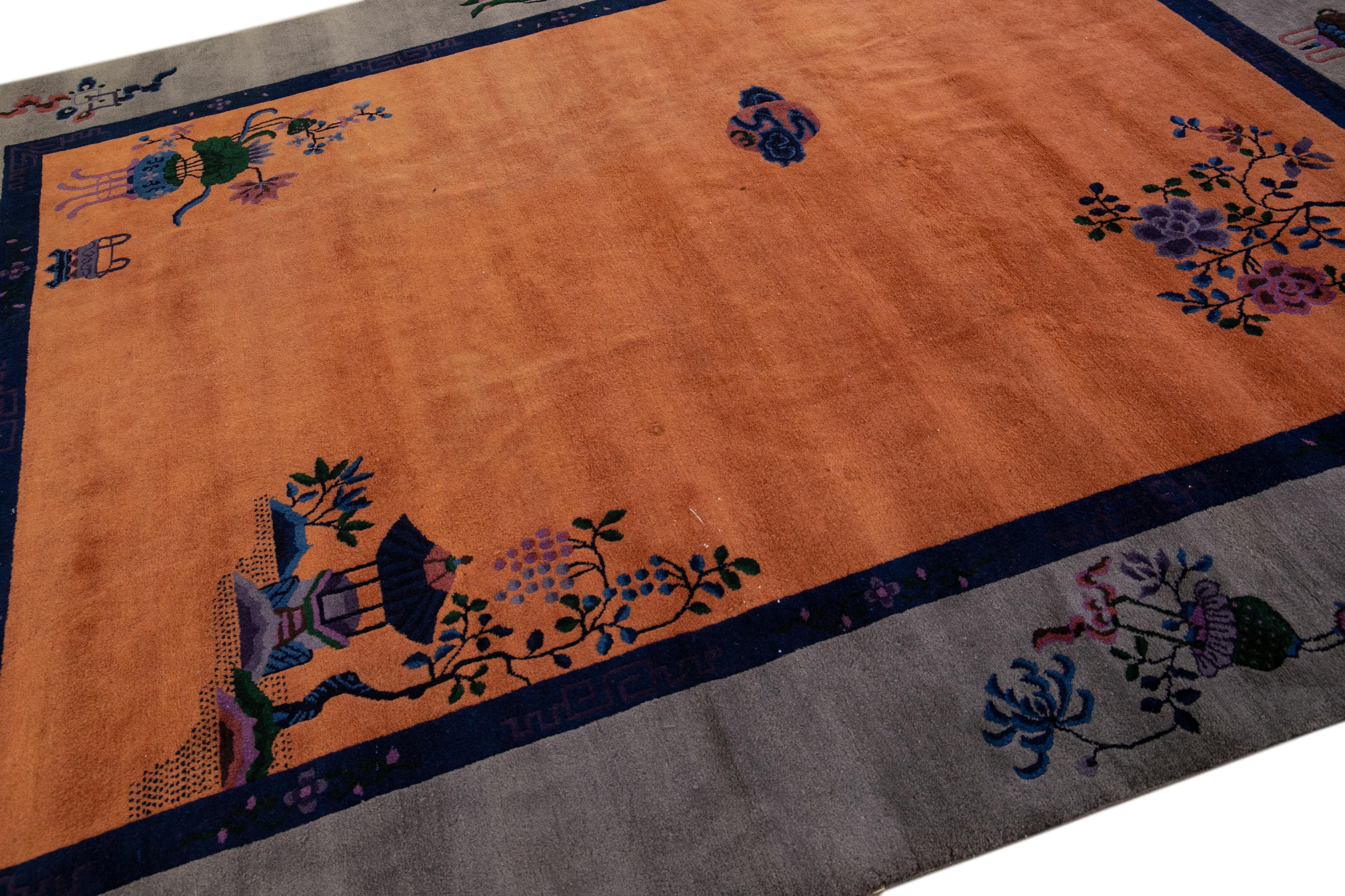 20th Century Antique Art Deco Gray and Tan Chinese Handmade Wool Rug For Sale