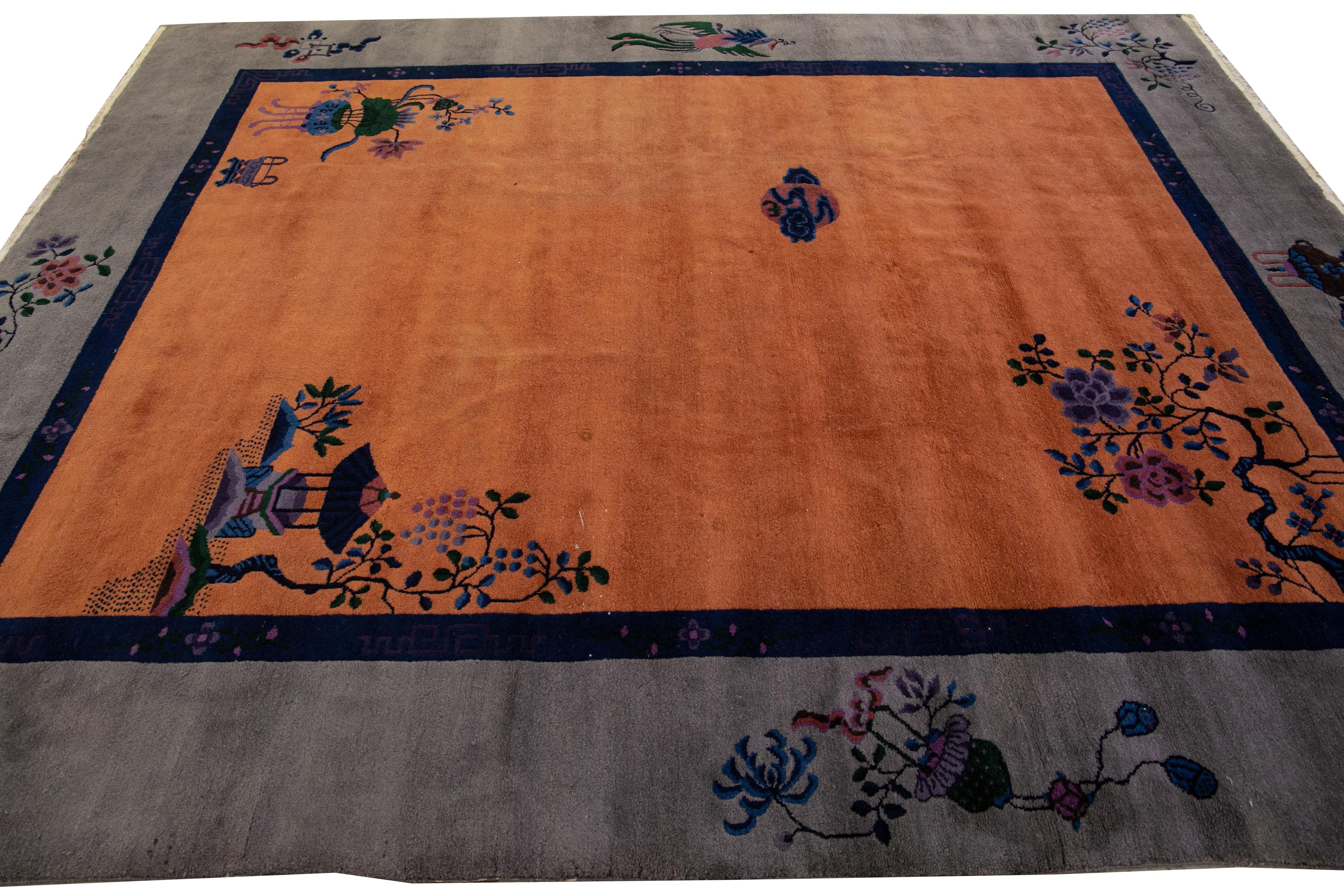Other Antique Art Deco Gray and Tan Chinese Handmade Wool Rug For Sale