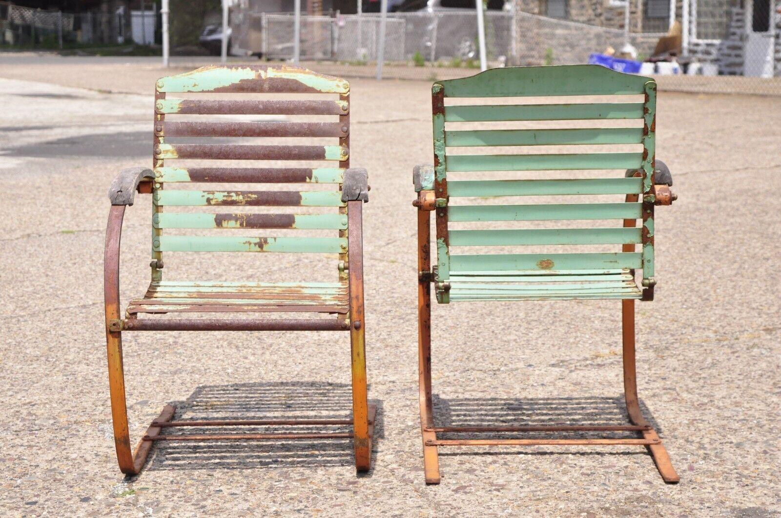Antique Art Deco Green Distress Paint Steel Metal Outdoor Lounge Chair, a Pair For Sale 2