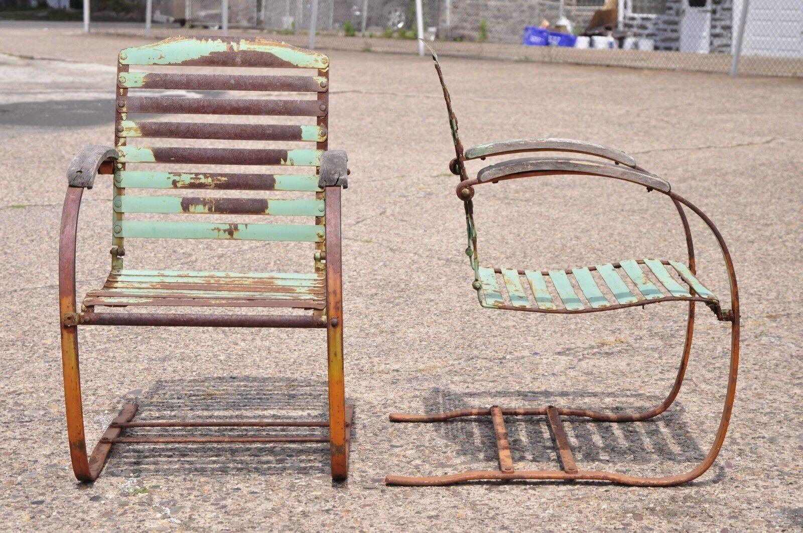 Antique Art Deco Green Distress Paint Steel Metal Outdoor Lounge Chair, a Pair For Sale 4