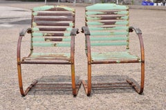 Antique Art Deco Green Distress Paint Steel Metal Outdoor Lounge Chair, a Pair