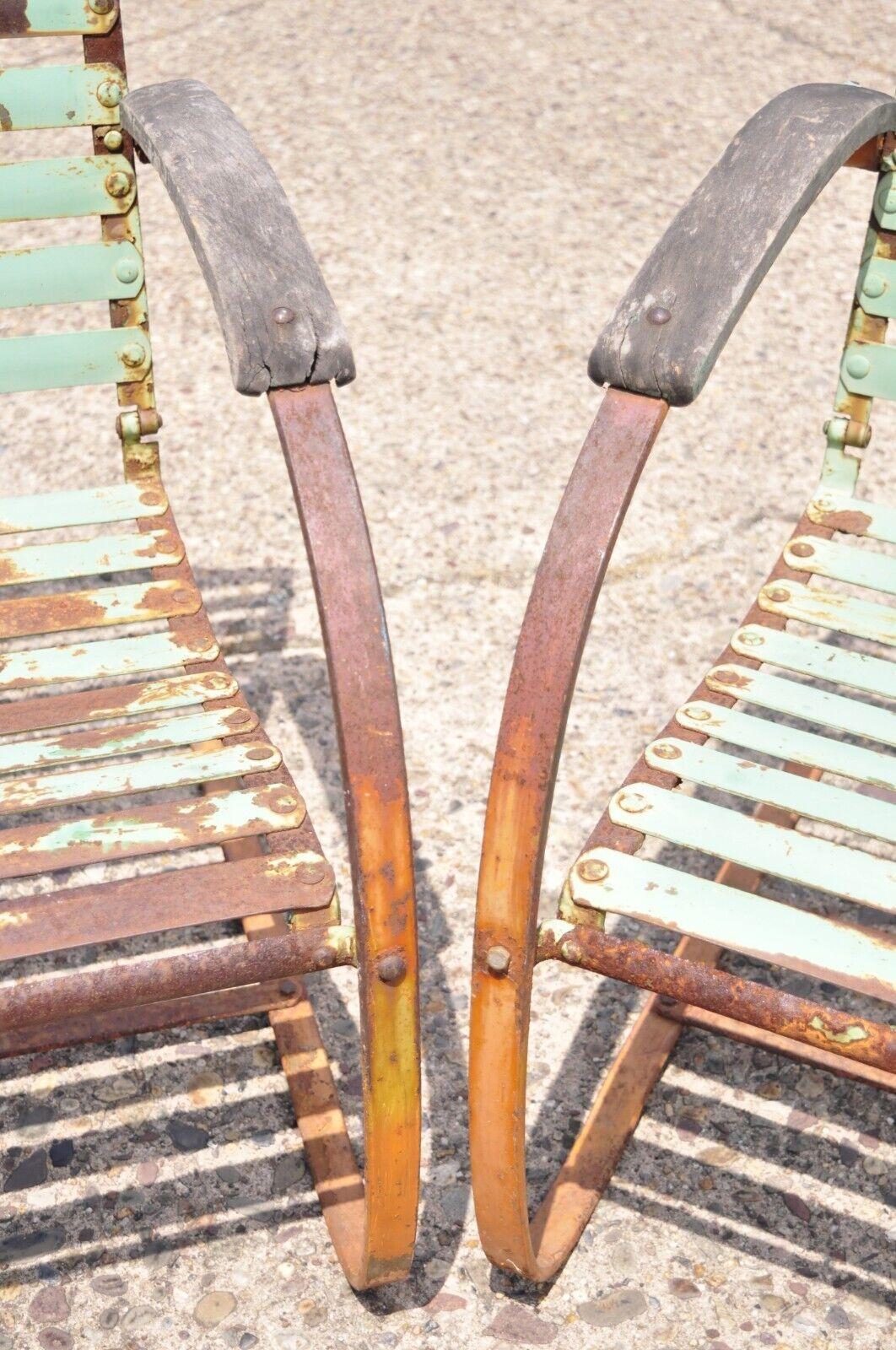Antique Art Deco Green Distress Paint Steel Metal Outdoor Lounge Chair, a Pair In Distressed Condition For Sale In Philadelphia, PA