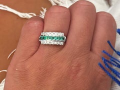 Antique Art Deco Green Emerald Center and Double Diamond Row Ring in Platinum
