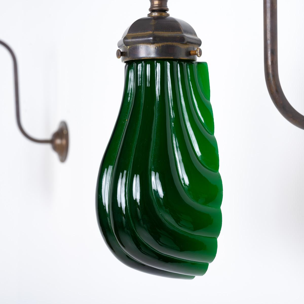 Antique Art Deco Green Glass Clam Shell and Brass Adjustable Wall Lights In Good Condition In Nottingham, GB