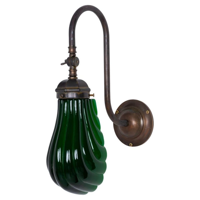 Antique Art Deco Green Glass Clam Shell and Brass Adjustable Wall Lights For Sale at 1stDibs