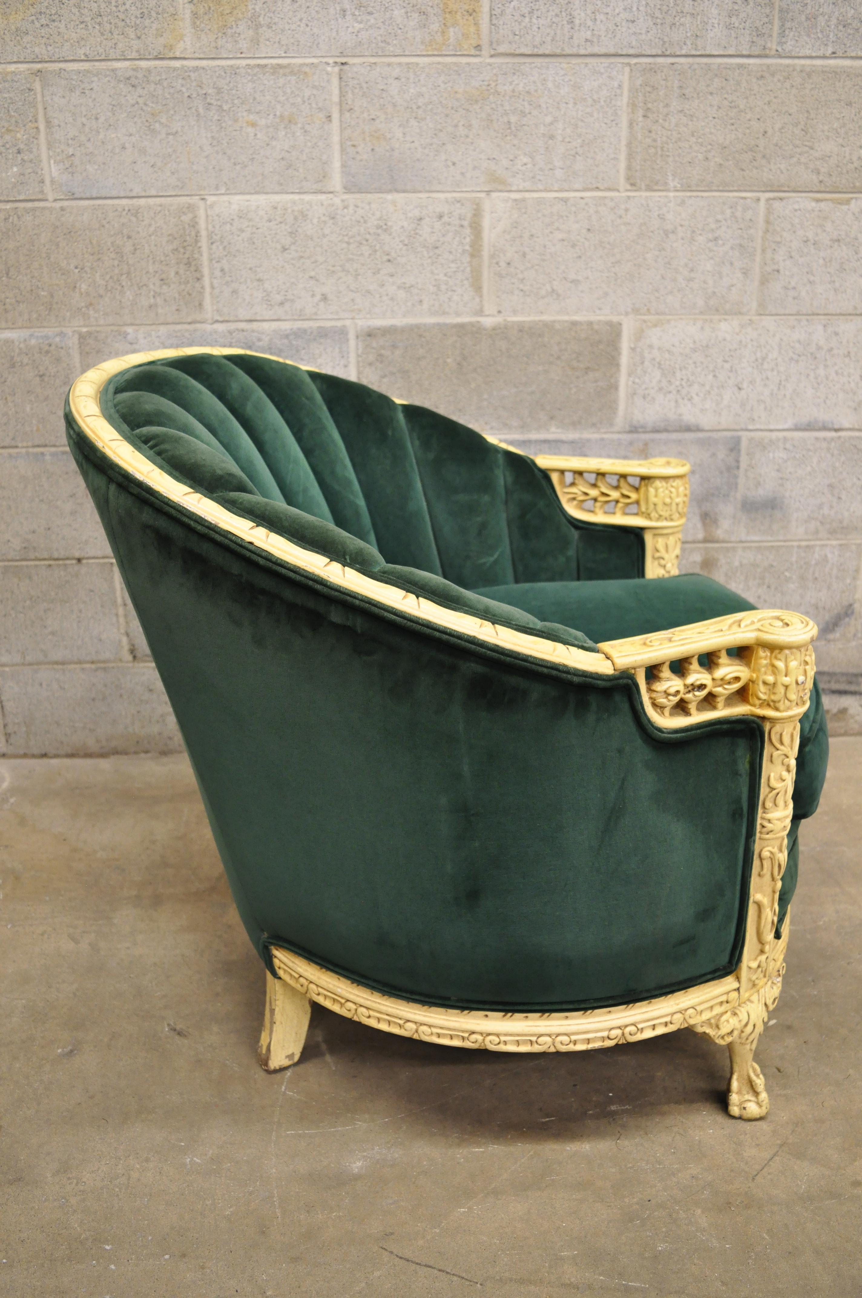 Antique Art Deco Green Mohair Cream Painted Ball and Claw Club Lounge Chair 4