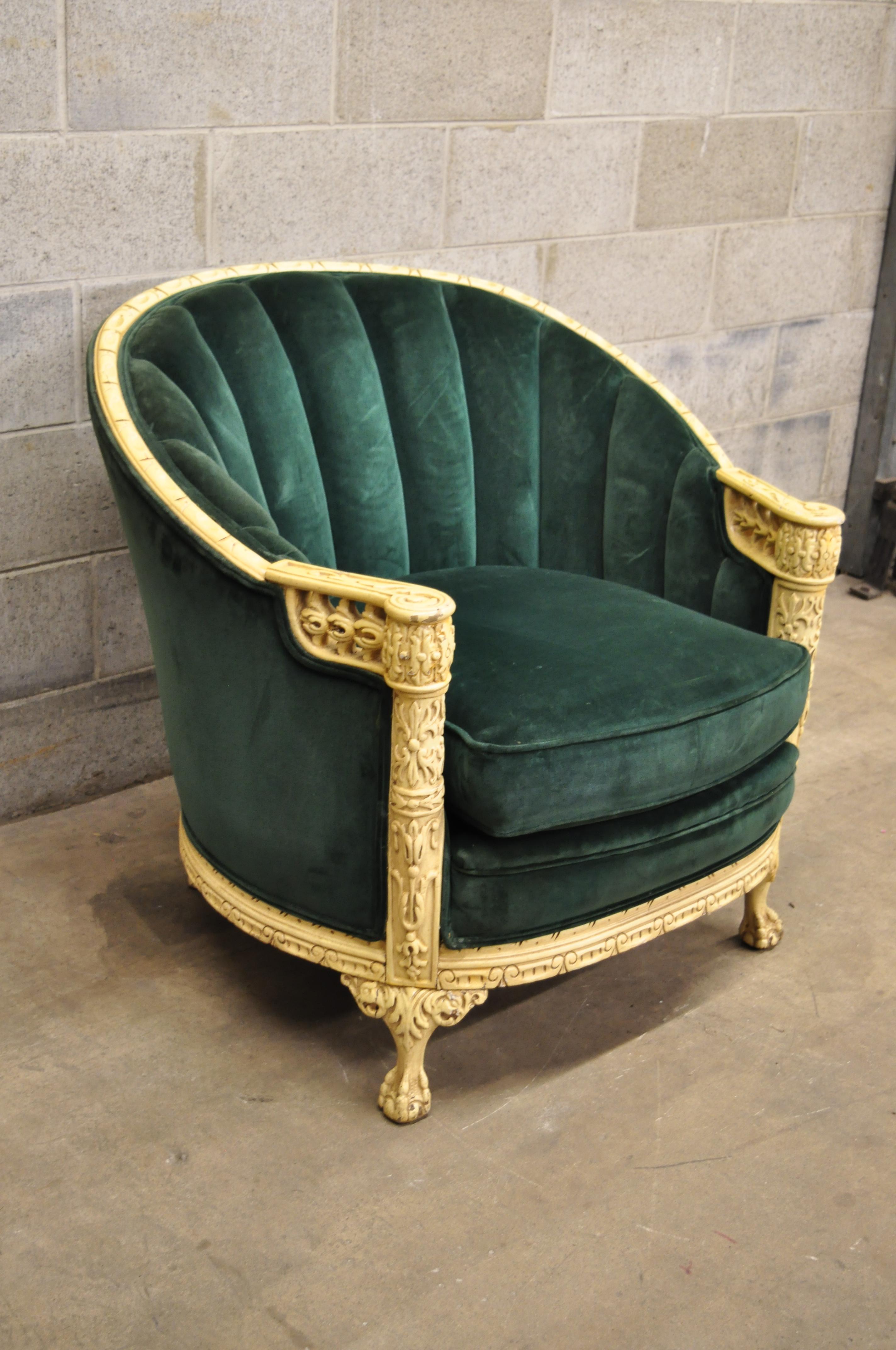 Antique Art Deco green mohair cream painted ball and claw club lounge chair. Item original green mohair upholstery, cream painted finish, barrel back, solid wood frame, nicely carved details, carved ball and claw feet, very nice antique item,
