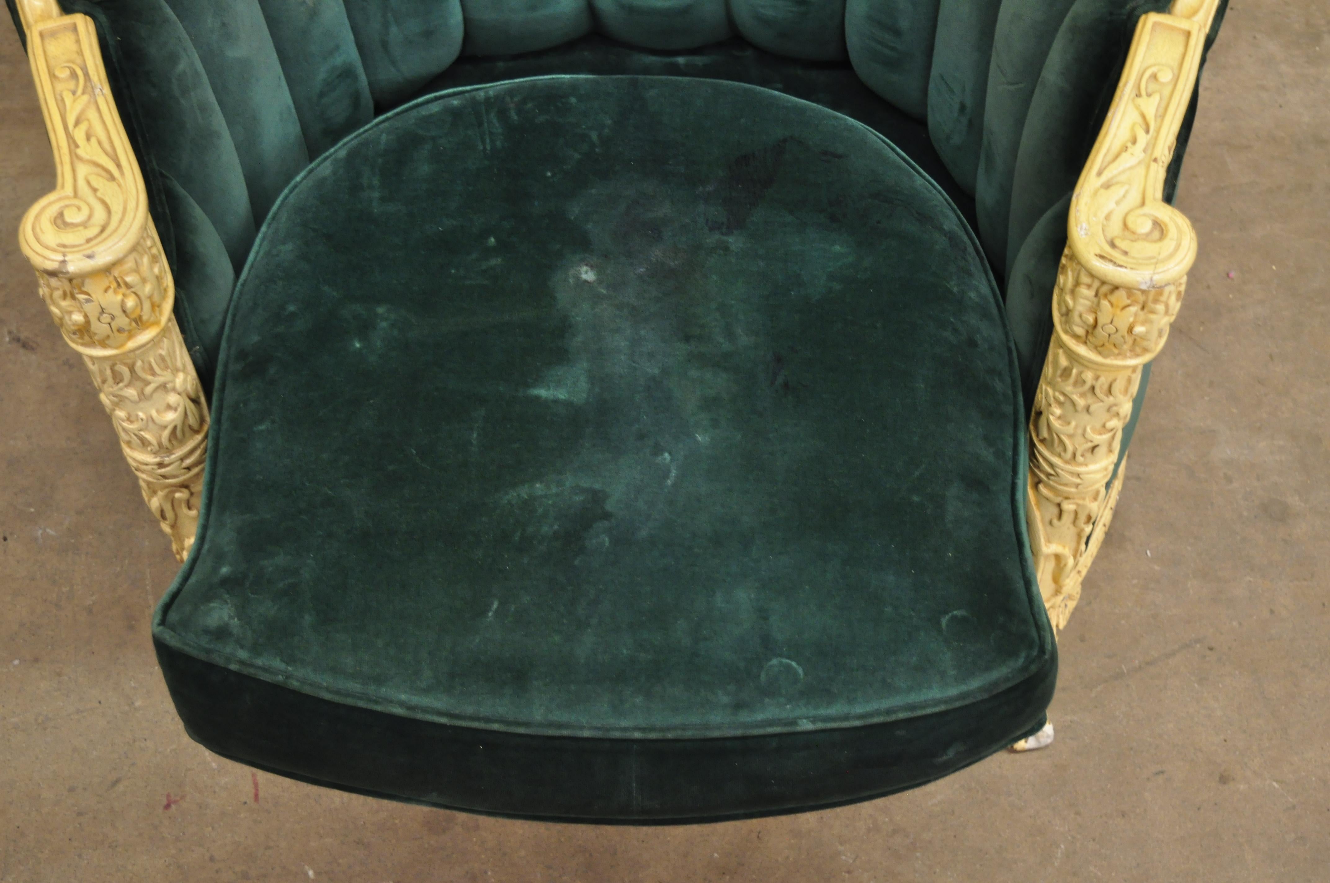 20th Century Antique Art Deco Green Mohair Cream Painted Ball and Claw Club Lounge Chair