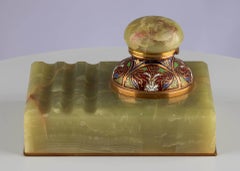 Antique Art Deco Green Onyx Gold Champlevé Enamel Office Inkwell Ink Pen Stand