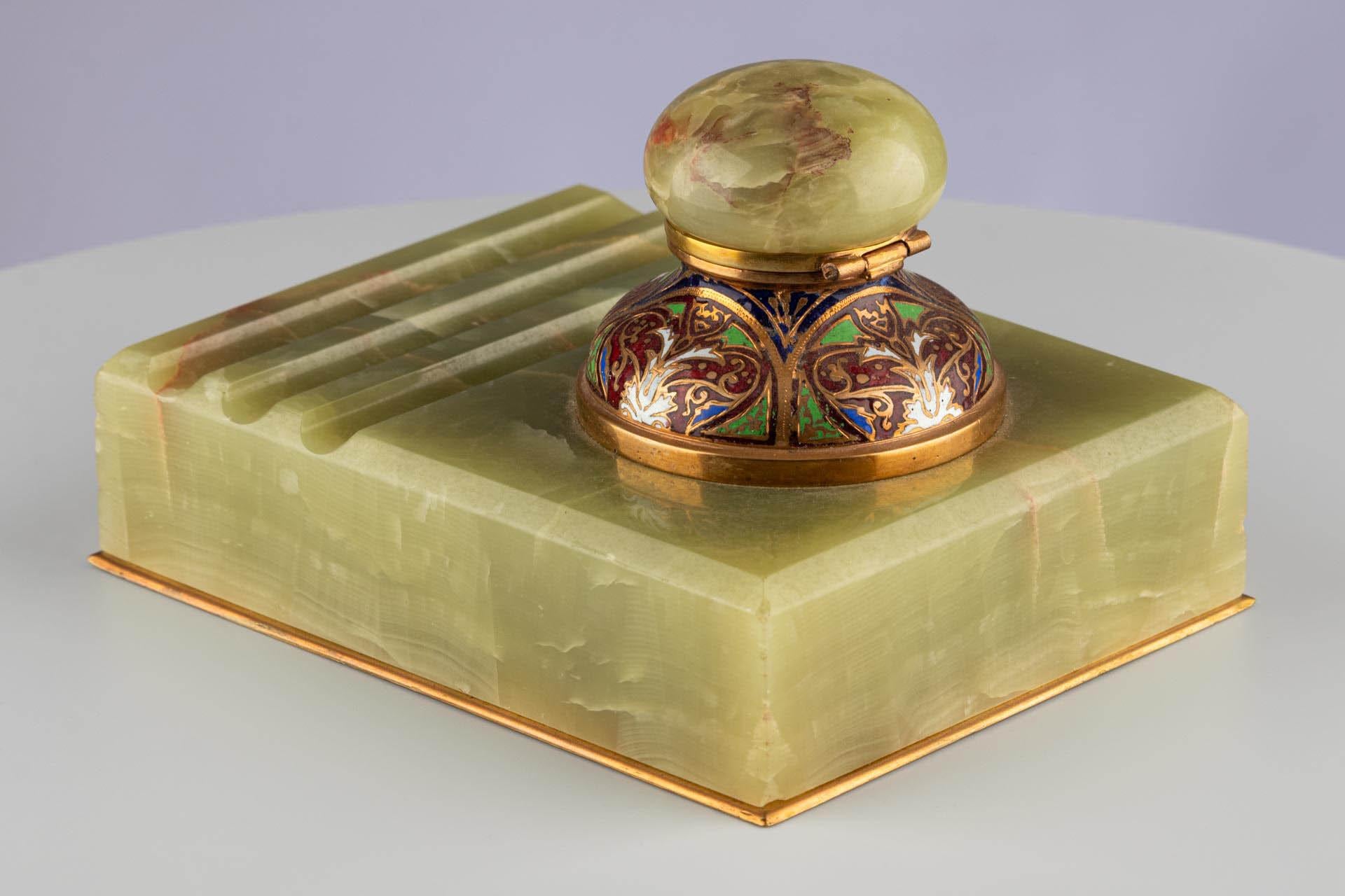 Carved Antique Art Deco Green Onyx Gold Champlevé Enamel Office Inkwell Ink Pen Stand For Sale
