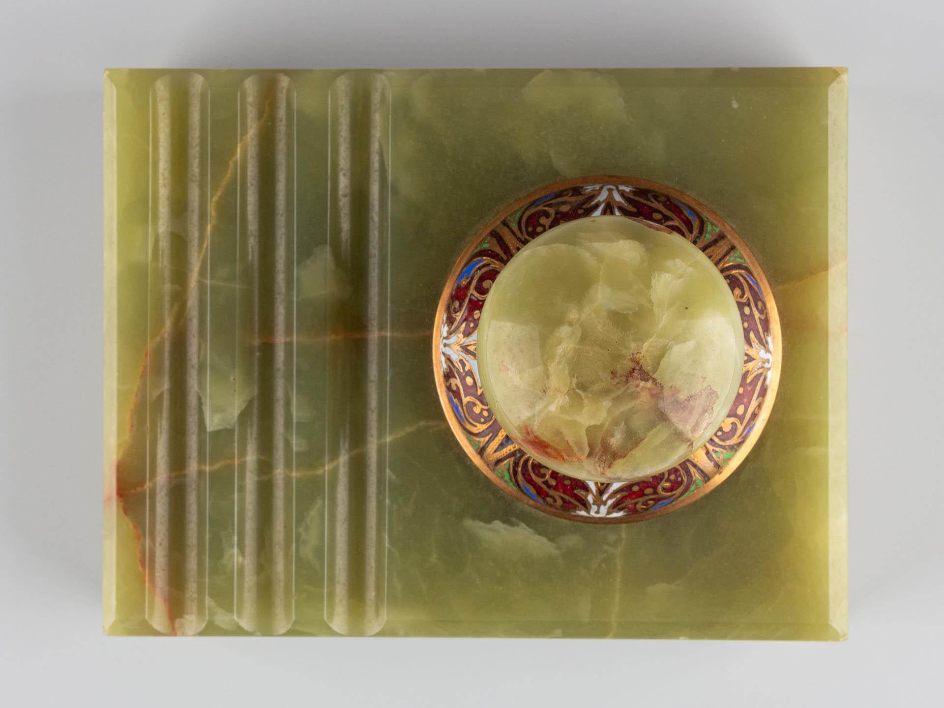 Metal Antique Art Deco Green Onyx Gold Champlevé Enamel Office Inkwell Ink Pen Stand For Sale