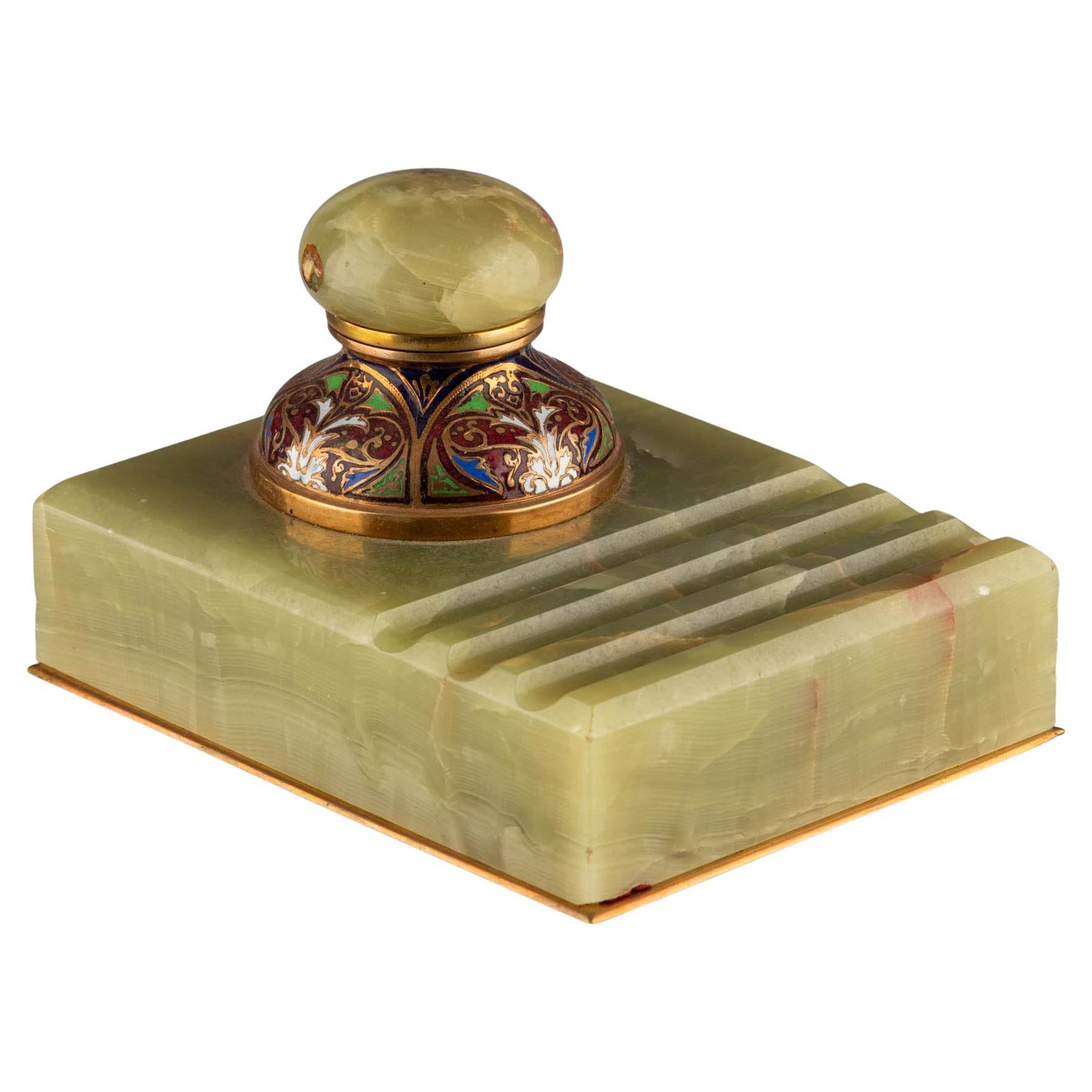 Antique Art Deco Green Onyx Gold Champlevé Enamel Office Inkwell Ink Pen Stand For Sale