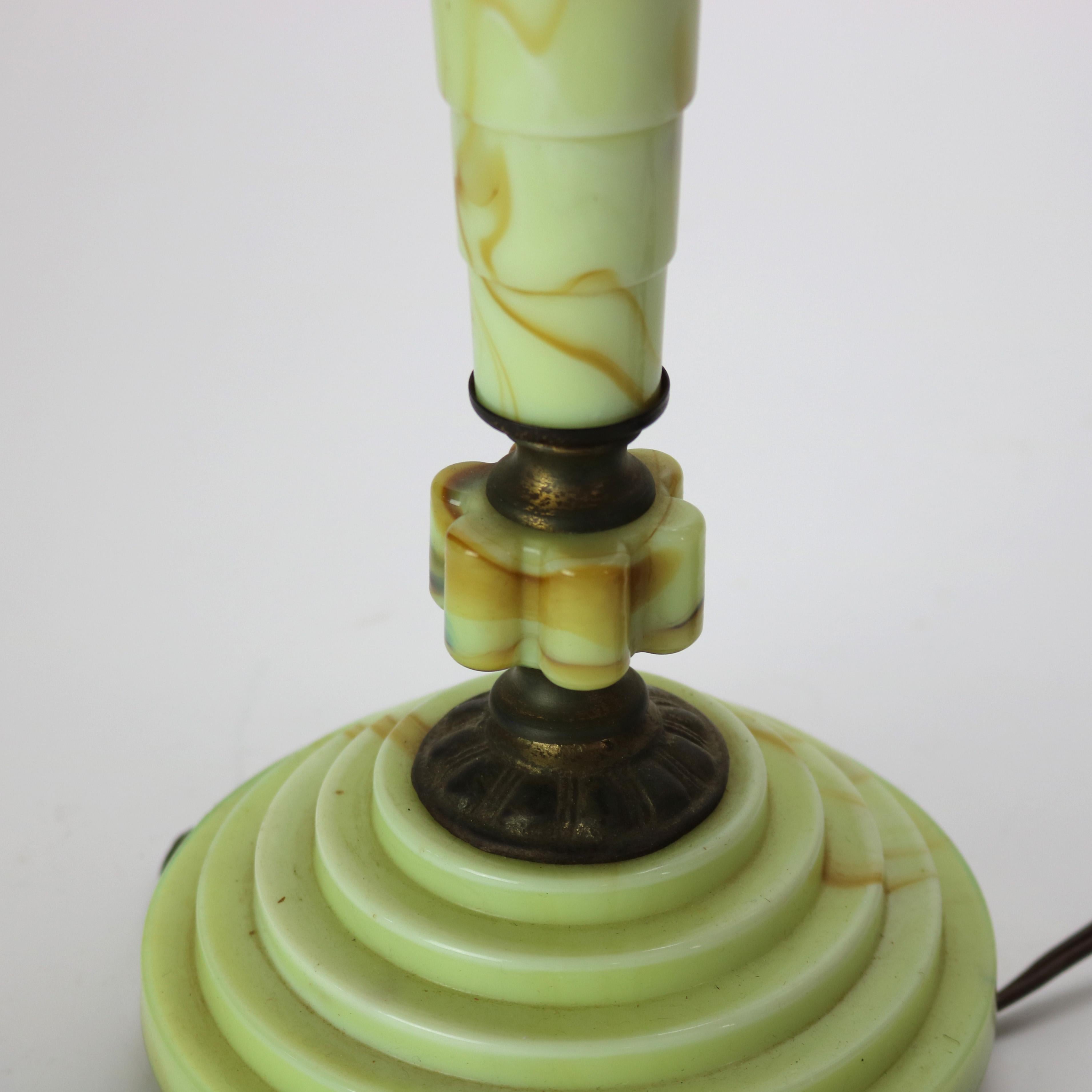 Antique Art Deco Green Onyx Table Lamp with Slag Glass Shade C1930 5