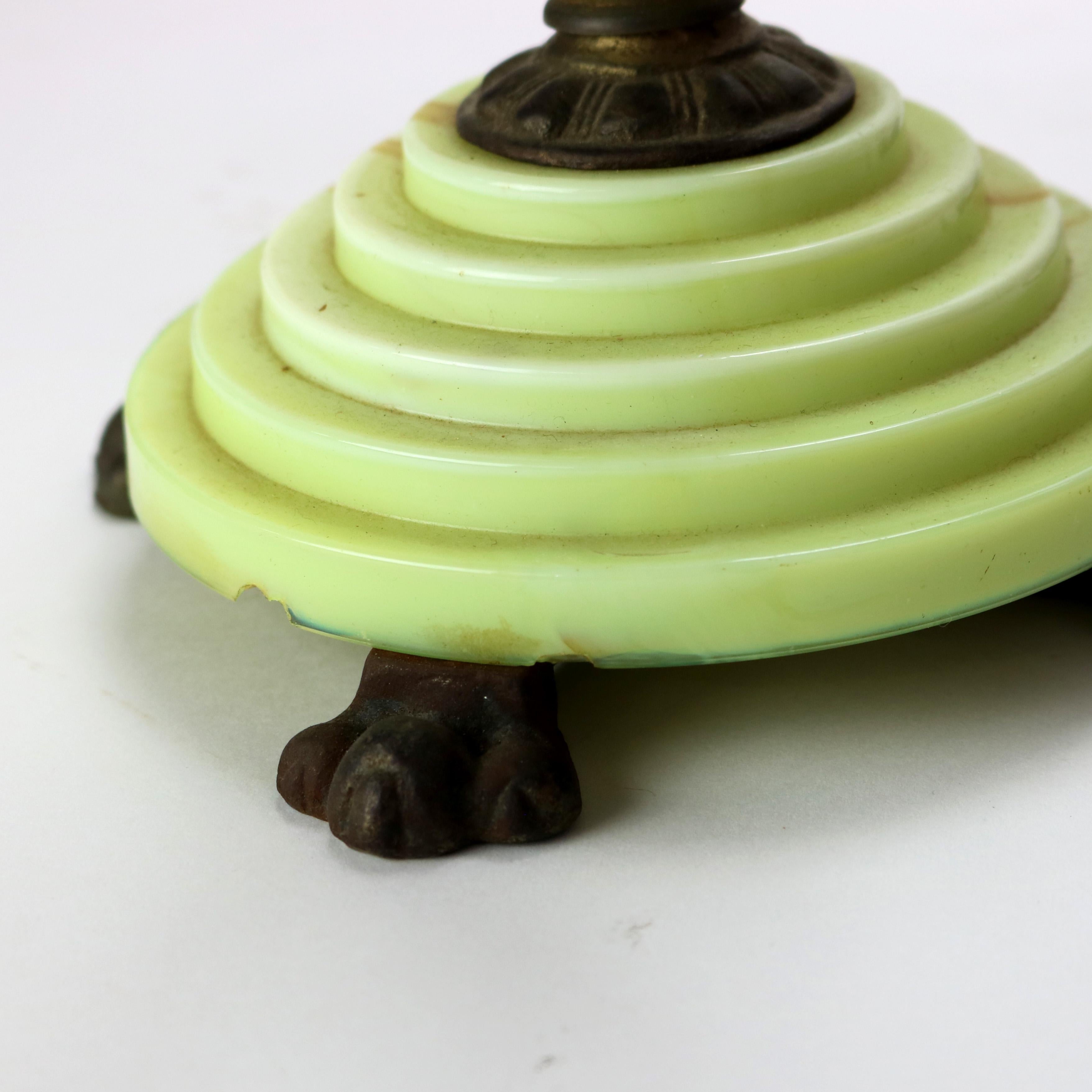 Antique Art Deco Green Onyx Table Lamp with Slag Glass Shade C1930 9