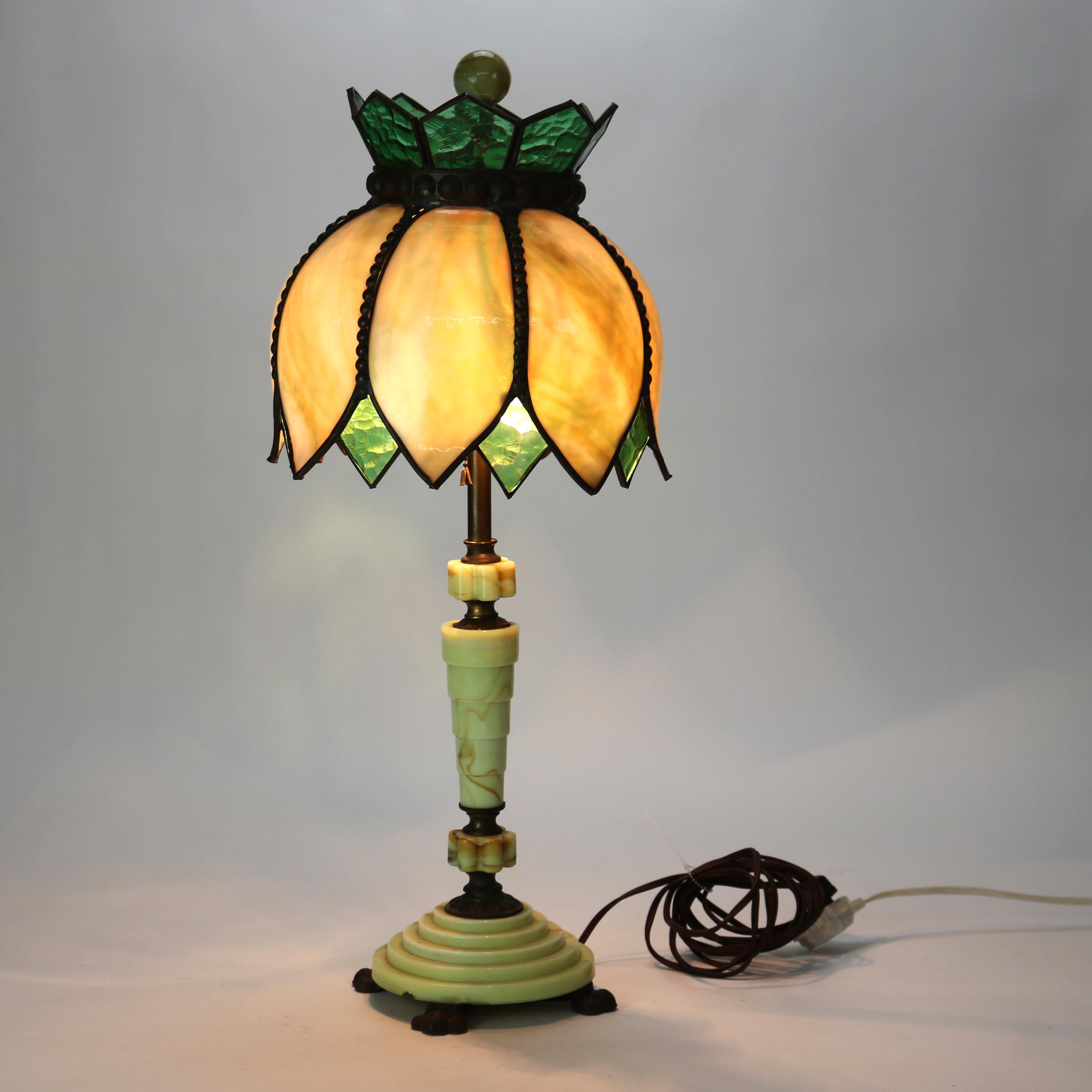 Antique Art Deco Green Onyx Table Lamp with Slag Glass Shade C1930 10