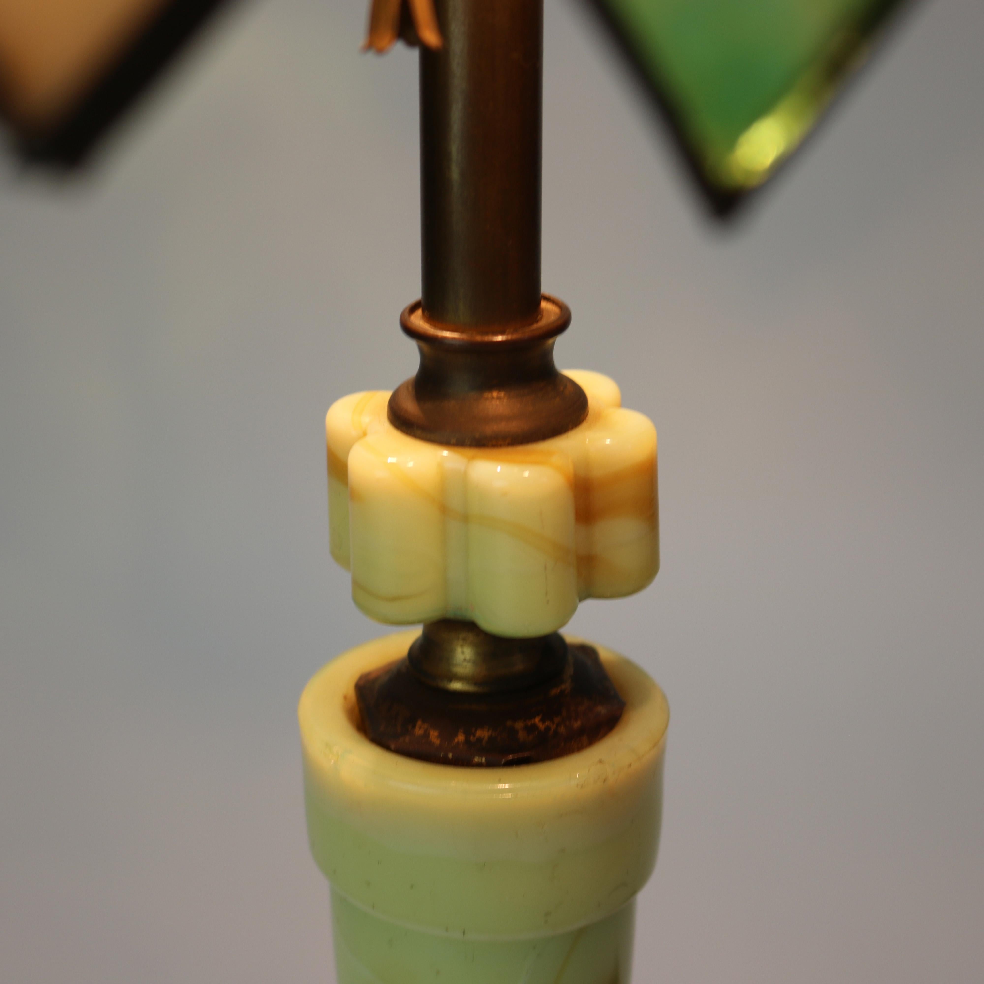 Antique Art Deco Green Onyx Table Lamp with Slag Glass Shade C1930 11