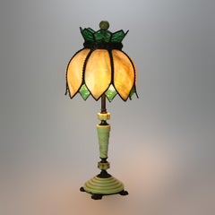 Antique Art Deco Green Onyx Table Lamp with Slag Glass Shade C1930