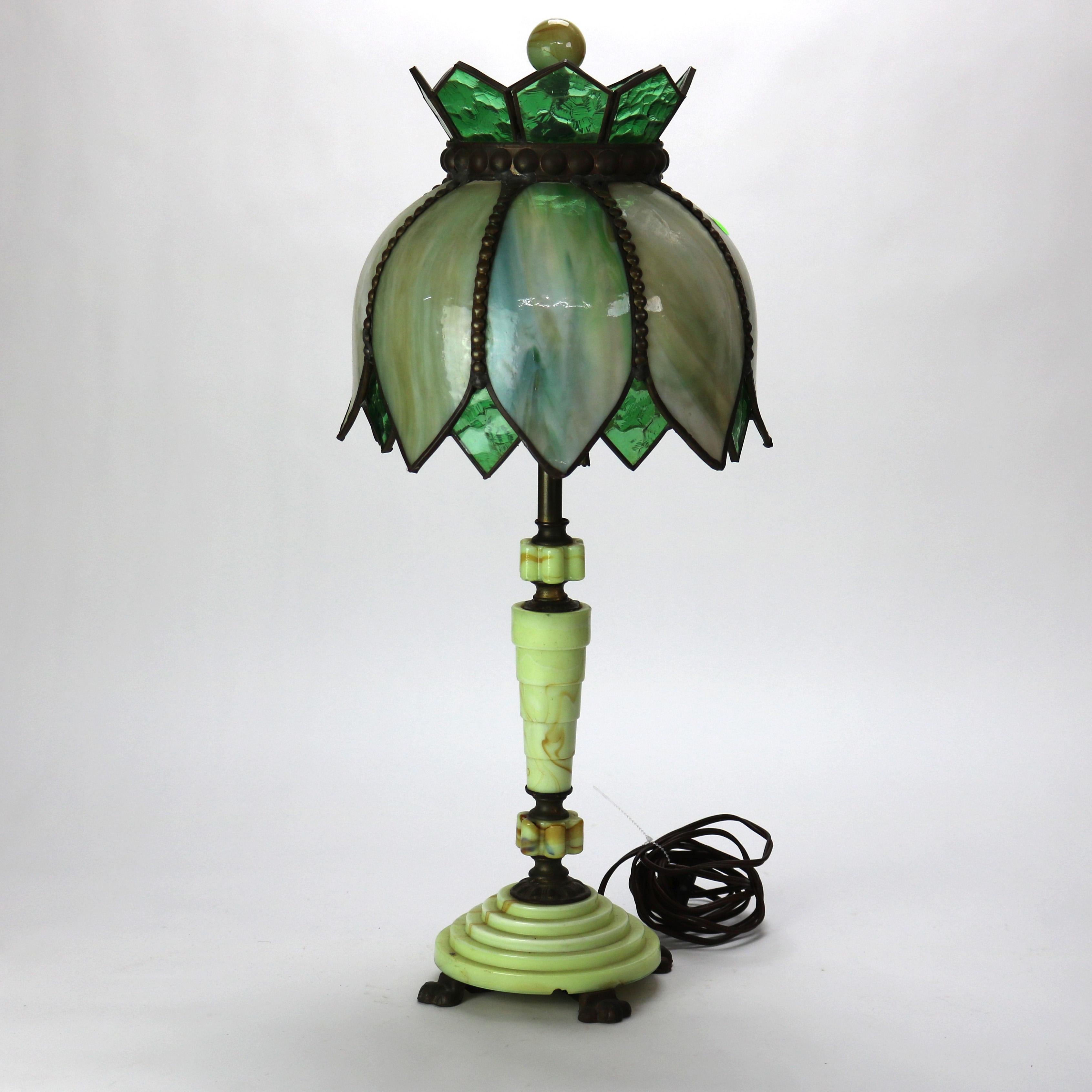 American Antique Art Deco Green Onyx Table Lamp with Slag Glass Shade C1930