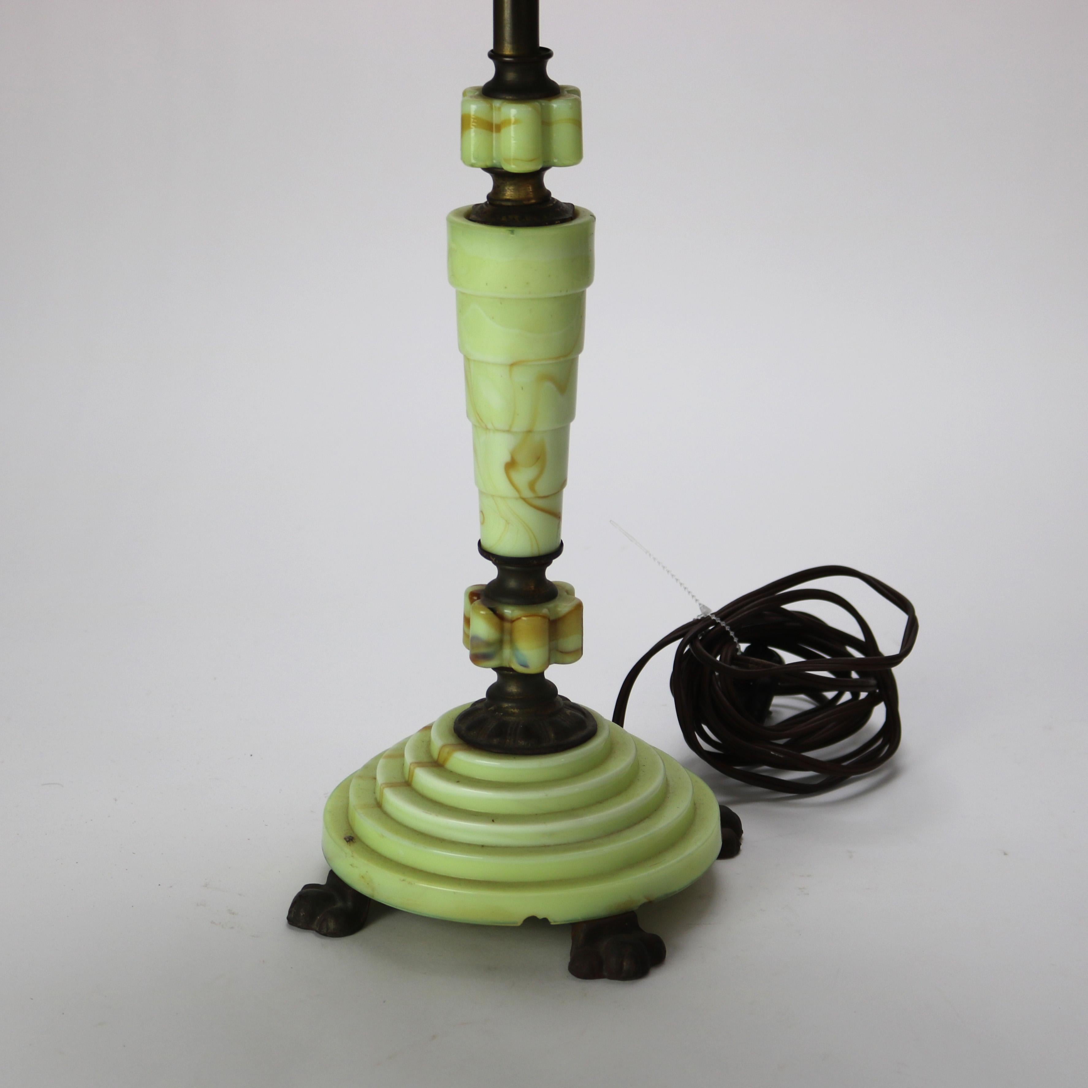 Antique Art Deco Green Onyx Table Lamp with Slag Glass Shade C1930 In Good Condition In Big Flats, NY