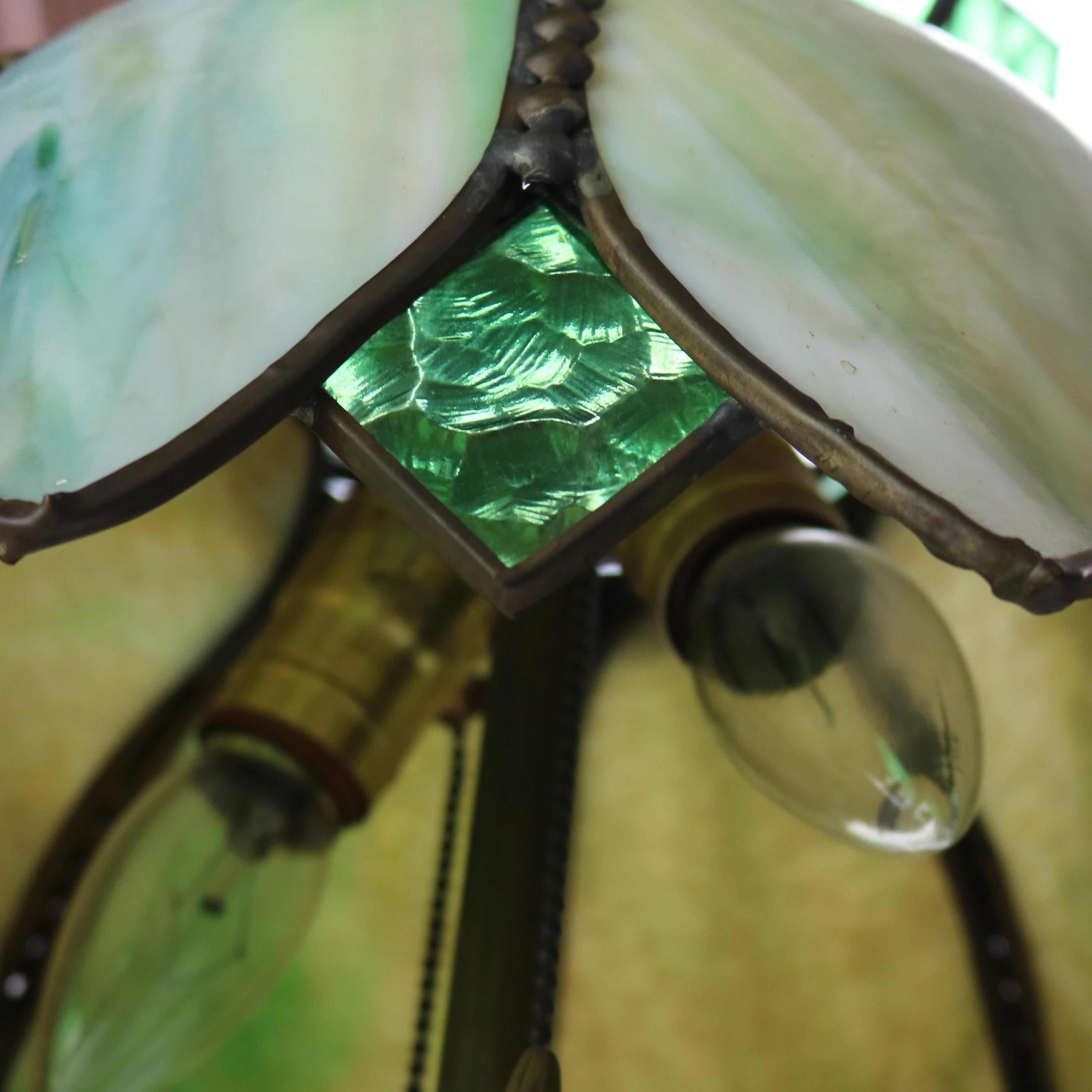 20th Century Antique Art Deco Green Onyx Table Lamp with Slag Glass Shade C1930