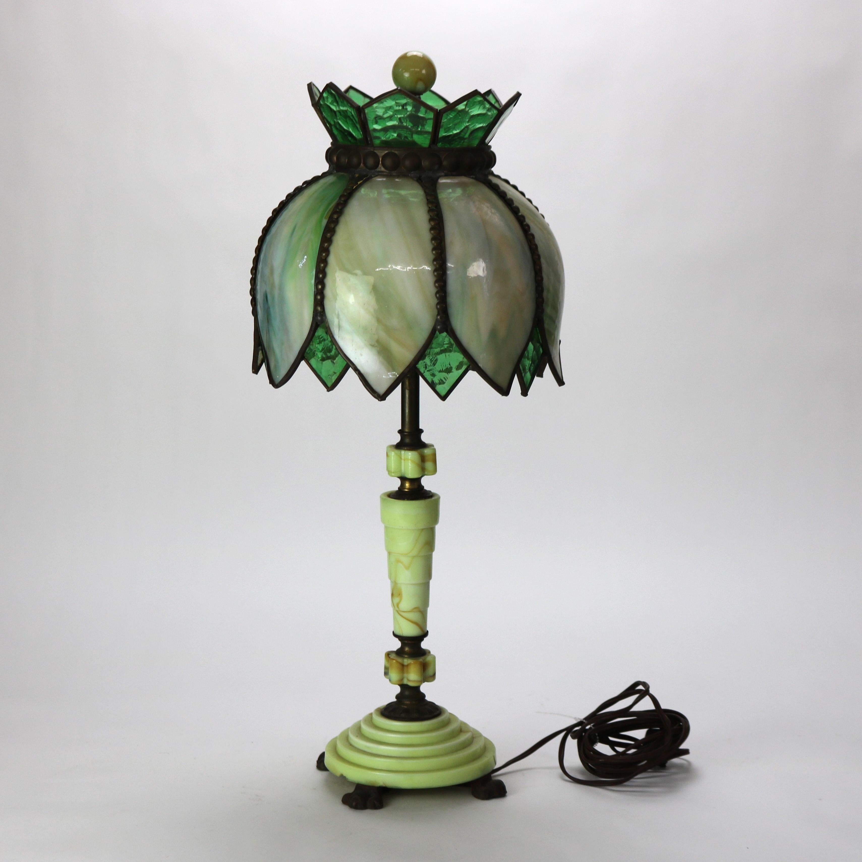 Antique Art Deco Green Onyx Table Lamp with Slag Glass Shade C1930 2