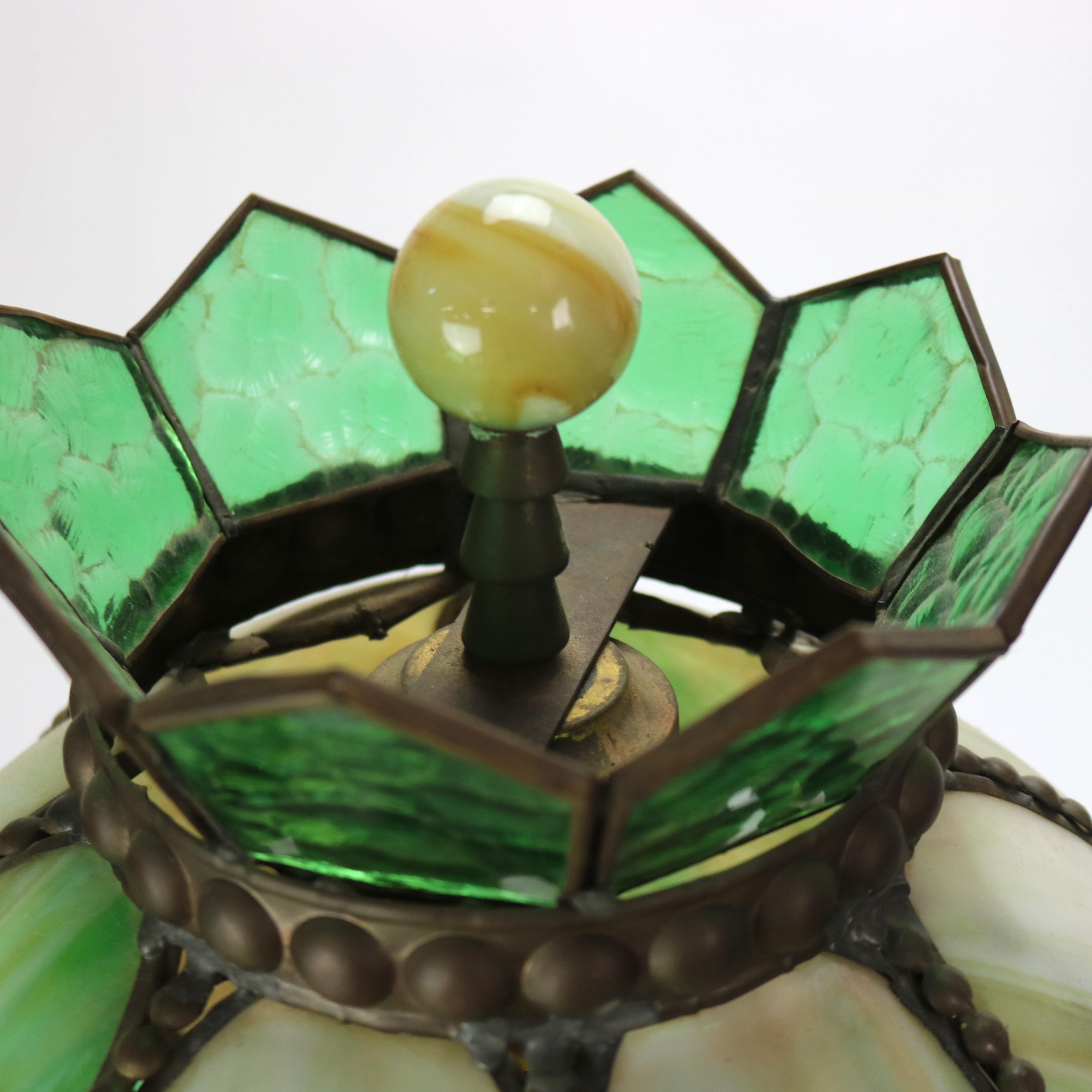Antique Art Deco Green Onyx Table Lamp with Slag Glass Shade C1930 3