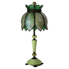 Antique Art Deco Green Onyx Table Lamp with Slag Glass Shade C1930