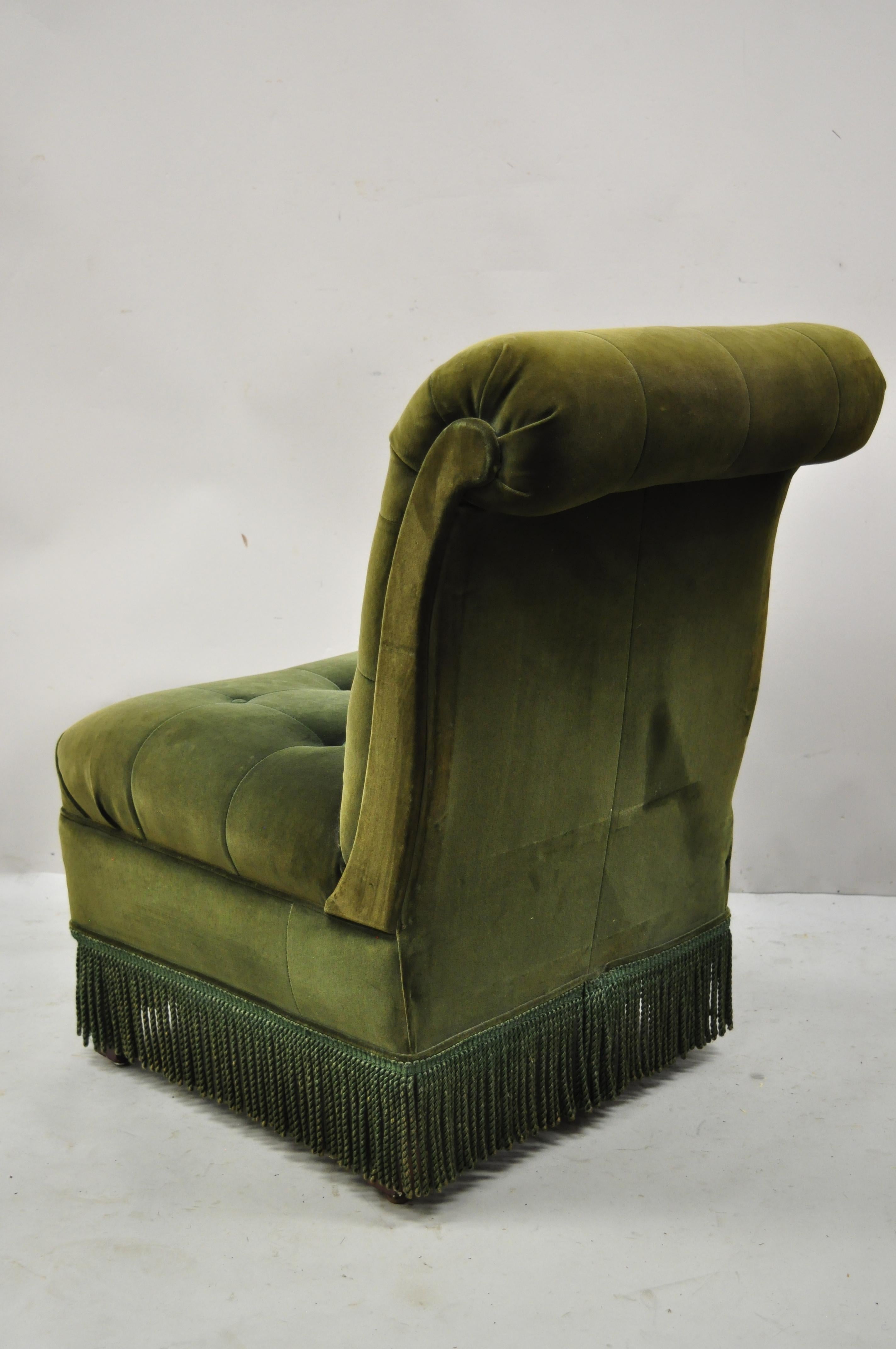 Antique Art Deco Green Velvet Mohair Rolled Back Fringed Slipper Lounge Chair 2