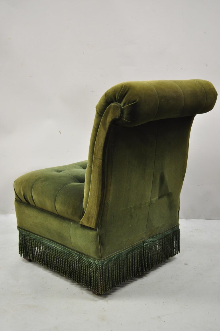 Antique Art Deco Green Velvet Mohair Rolled Back Fringed Slipper Lounge  Chair For Sale at 1stDibs