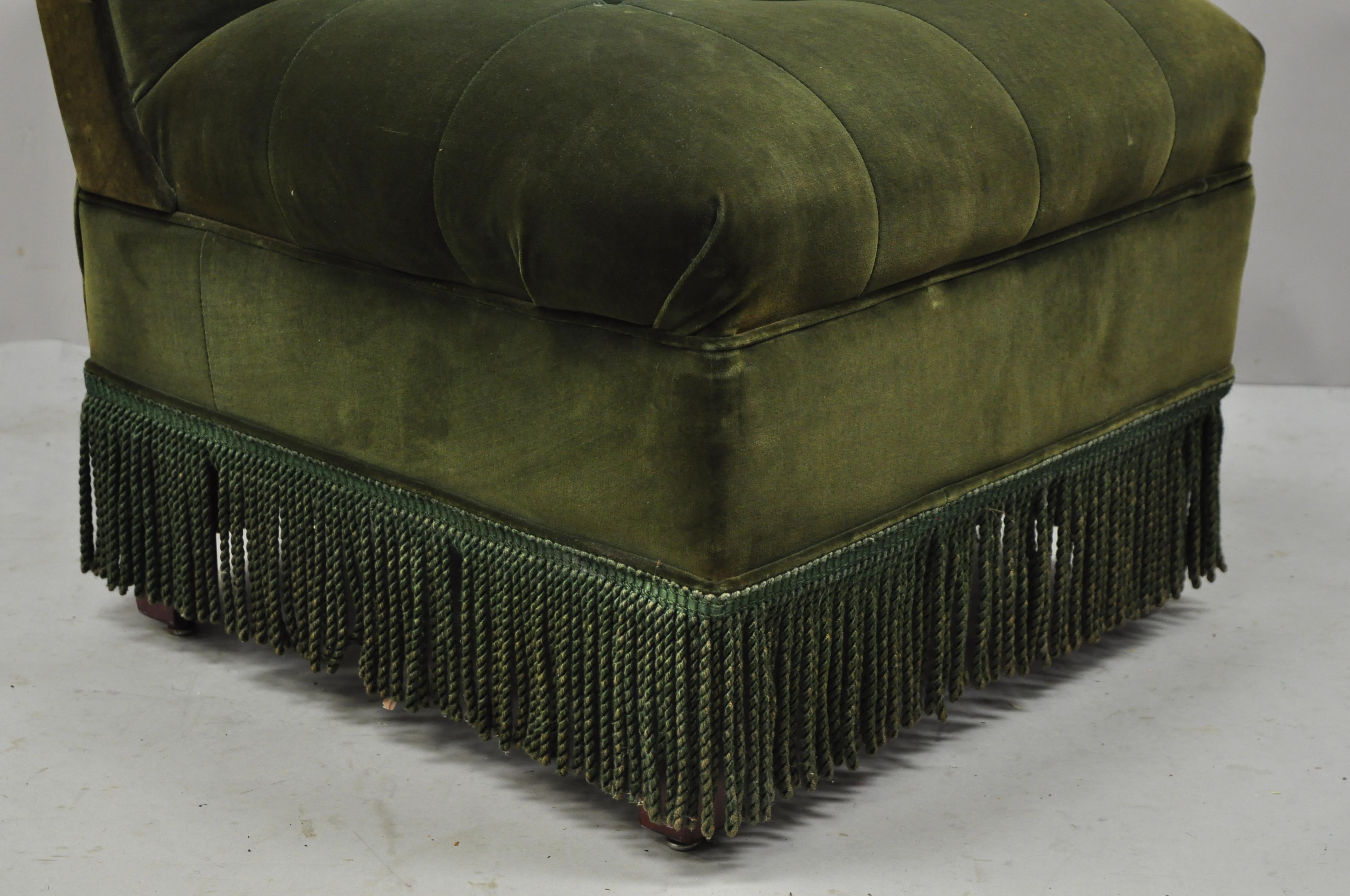 Antique Art Deco Green Velvet Mohair Rolled Back Fringed Slipper Lounge Chair 3