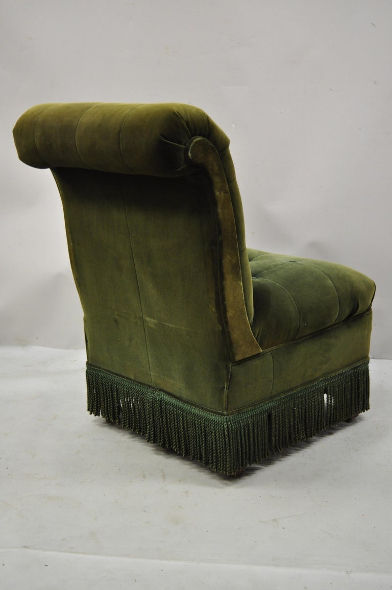 Antique Art Deco Green Velvet Mohair Rolled Back Fringed Slipper Lounge Chair For Sale 7