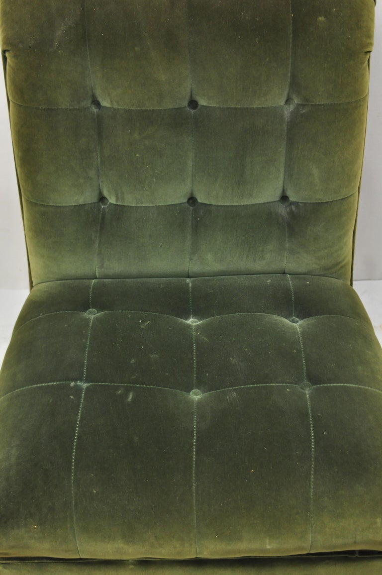20th Century Antique Art Deco Green Velvet Mohair Rolled Back Fringed Slipper Lounge Chair For Sale