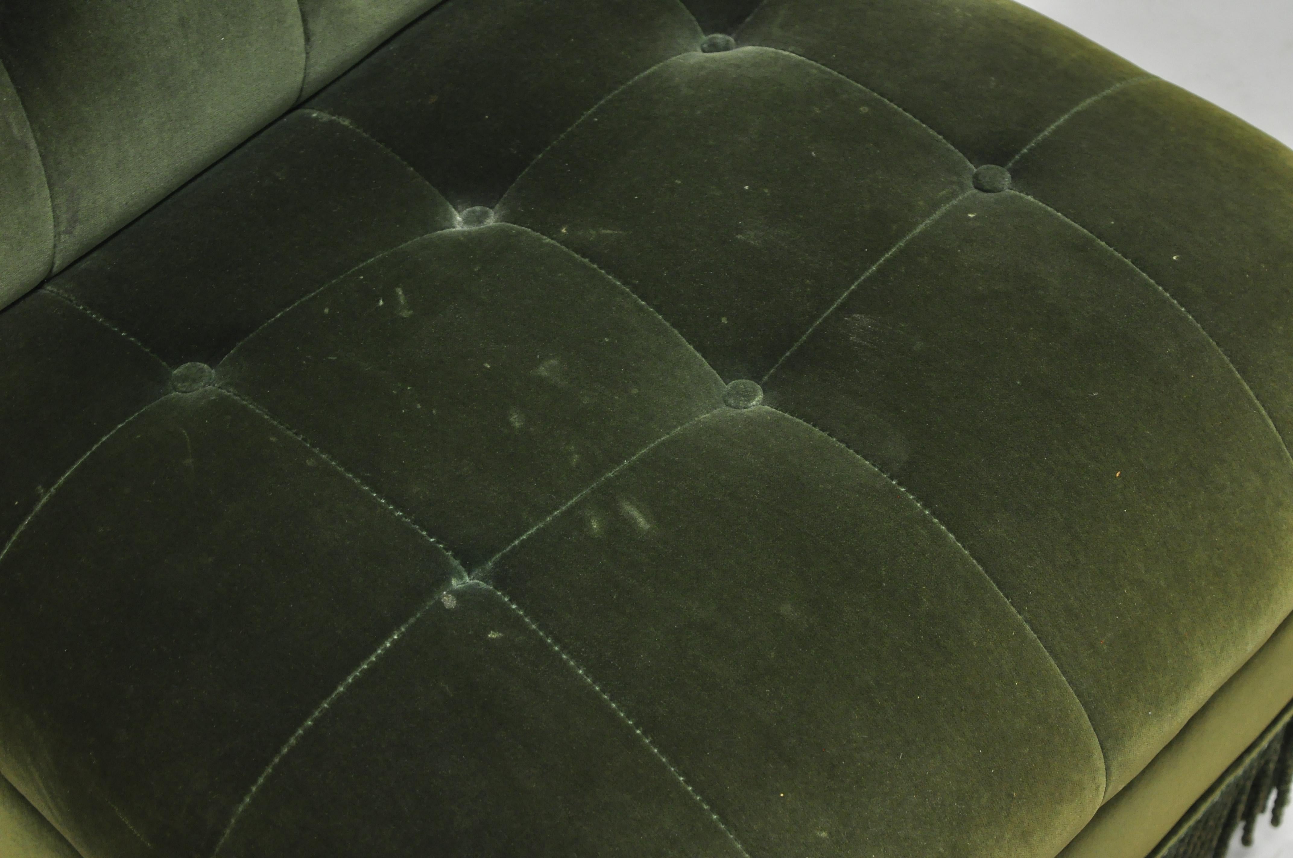 North American Antique Art Deco Green Velvet Mohair Rolled Back Fringed Slipper Lounge Chair