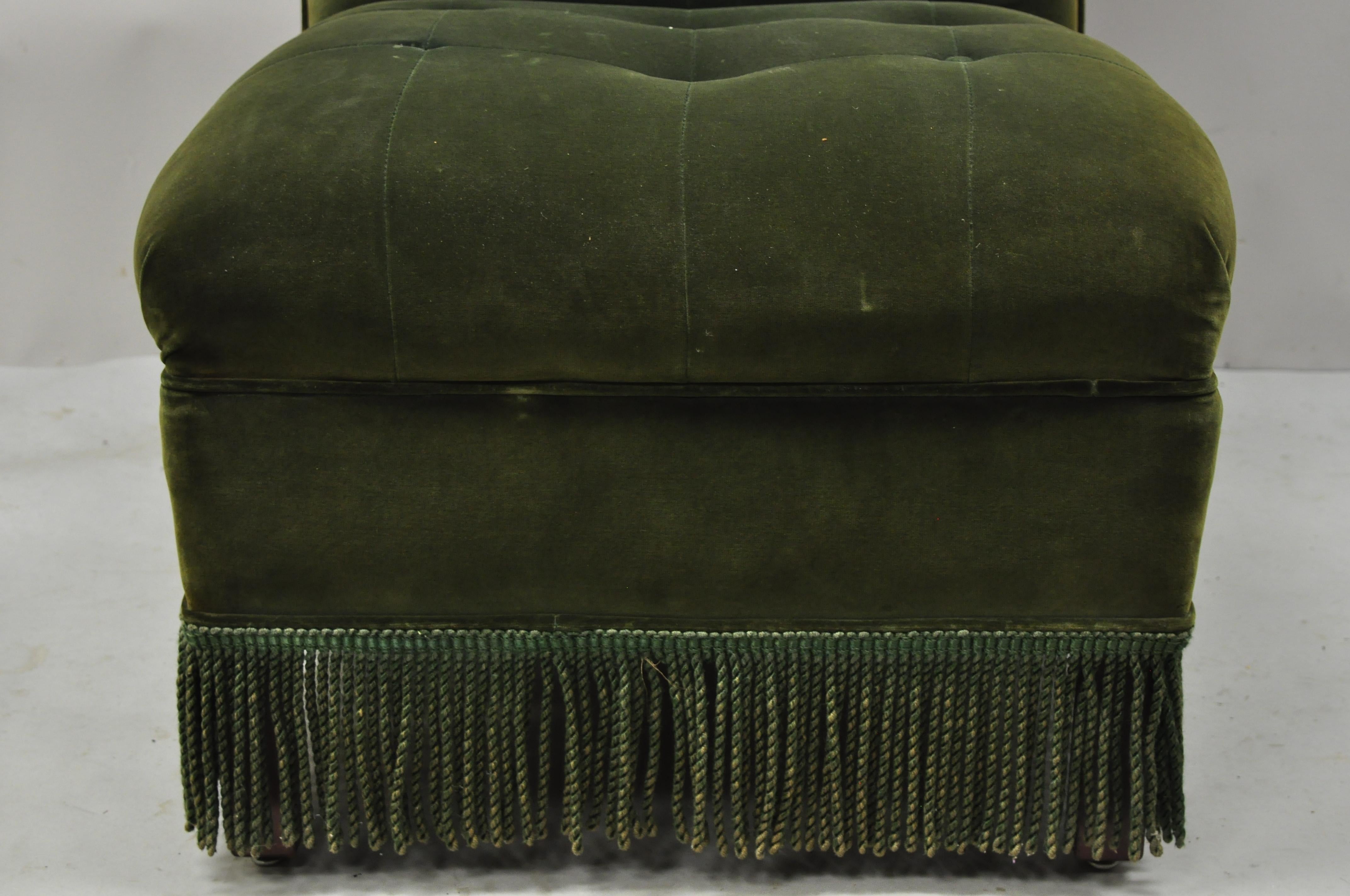 20th Century Antique Art Deco Green Velvet Mohair Rolled Back Fringed Slipper Lounge Chair