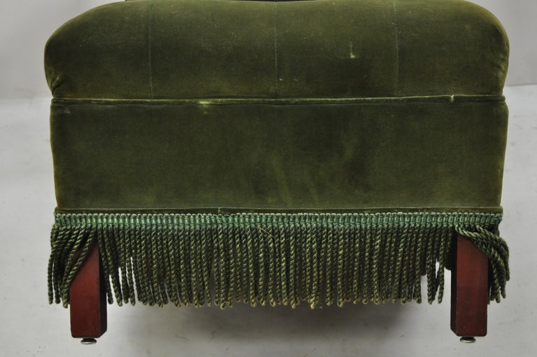 Antique Art Deco Green Velvet Mohair Rolled Back Fringed Slipper Lounge Chair For Sale 4