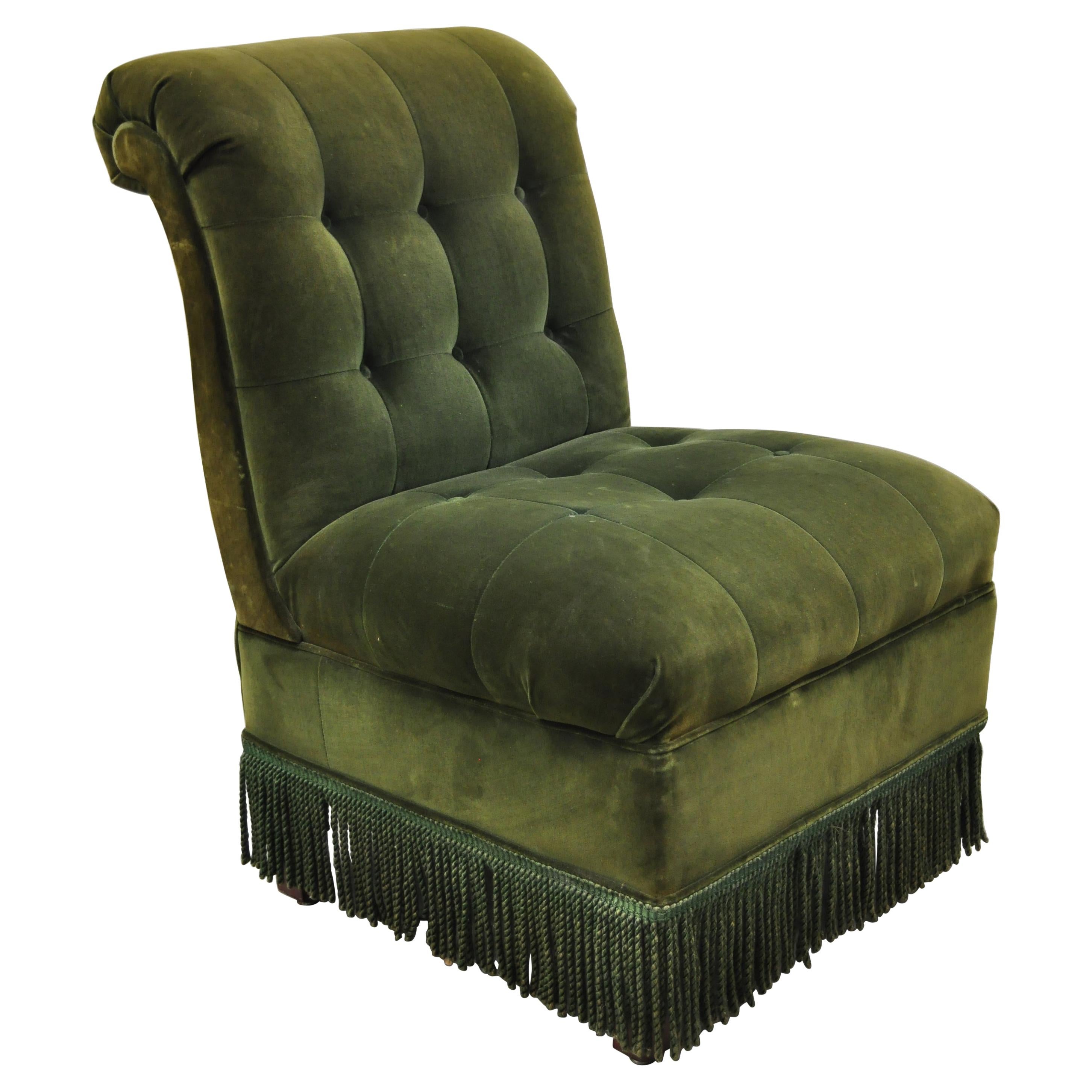 Antique Art Deco Green Velvet Mohair Rolled Back Fringed Slipper Lounge Chair