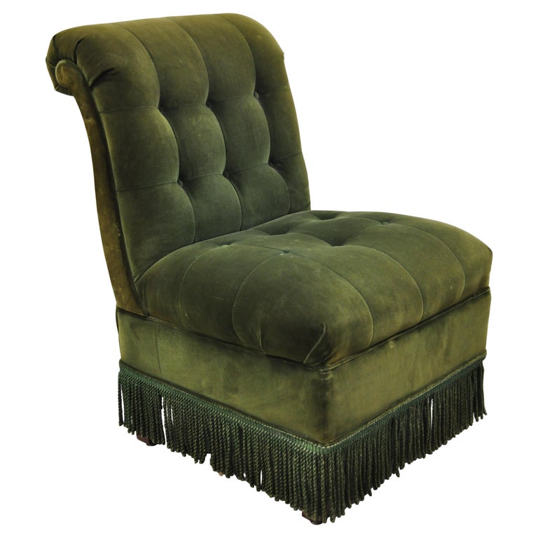 Antique Art Deco Green Velvet Mohair Rolled Back Fringed Slipper Lounge Chair For Sale