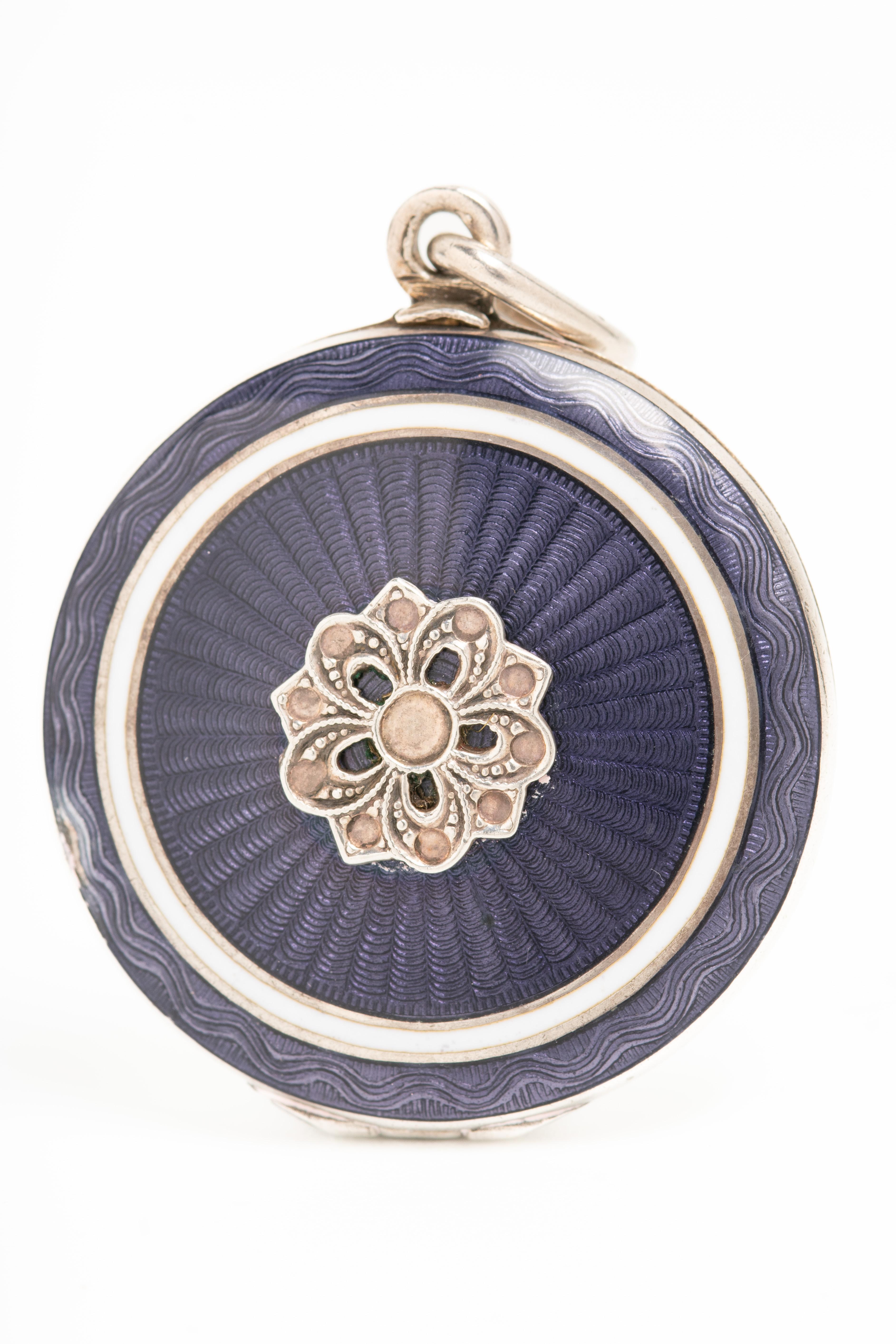 Women's or Men's Art Deco Guilloche Enamel Silver Flower Locket For Sale